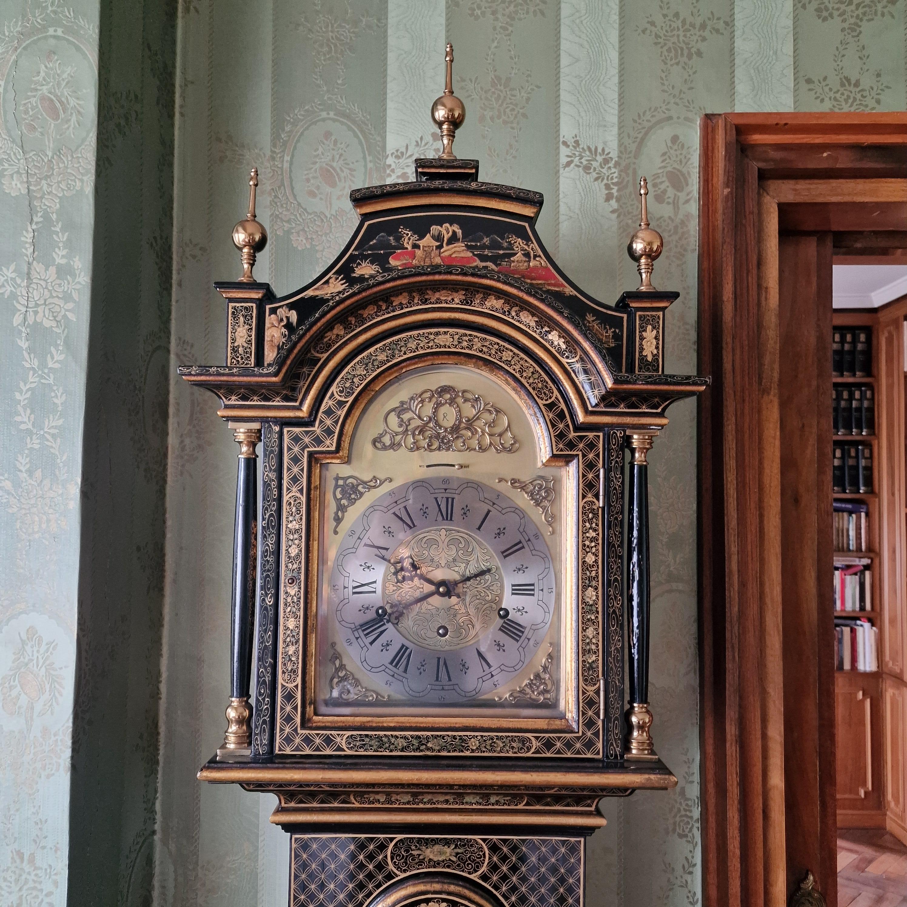 Portuguese Grandfather red lacquer  chinoiserie wood  European Clock