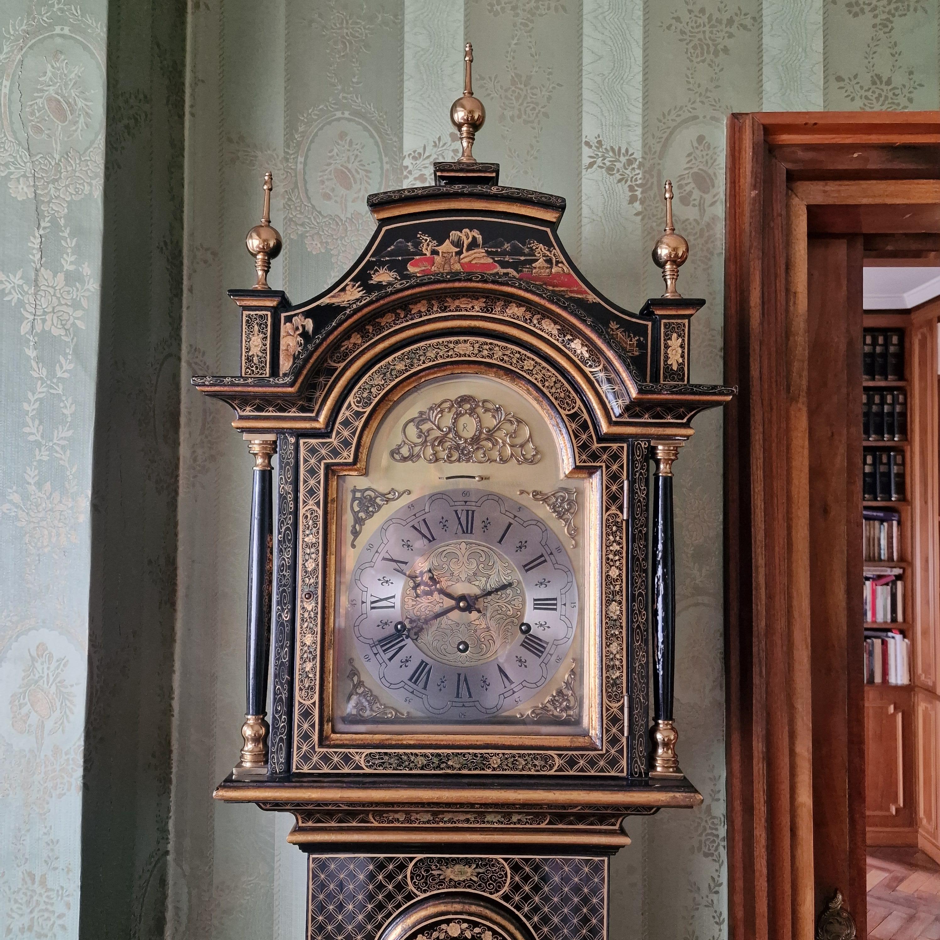 Hand-Crafted Grandfather red lacquer  chinoiserie wood  European Clock