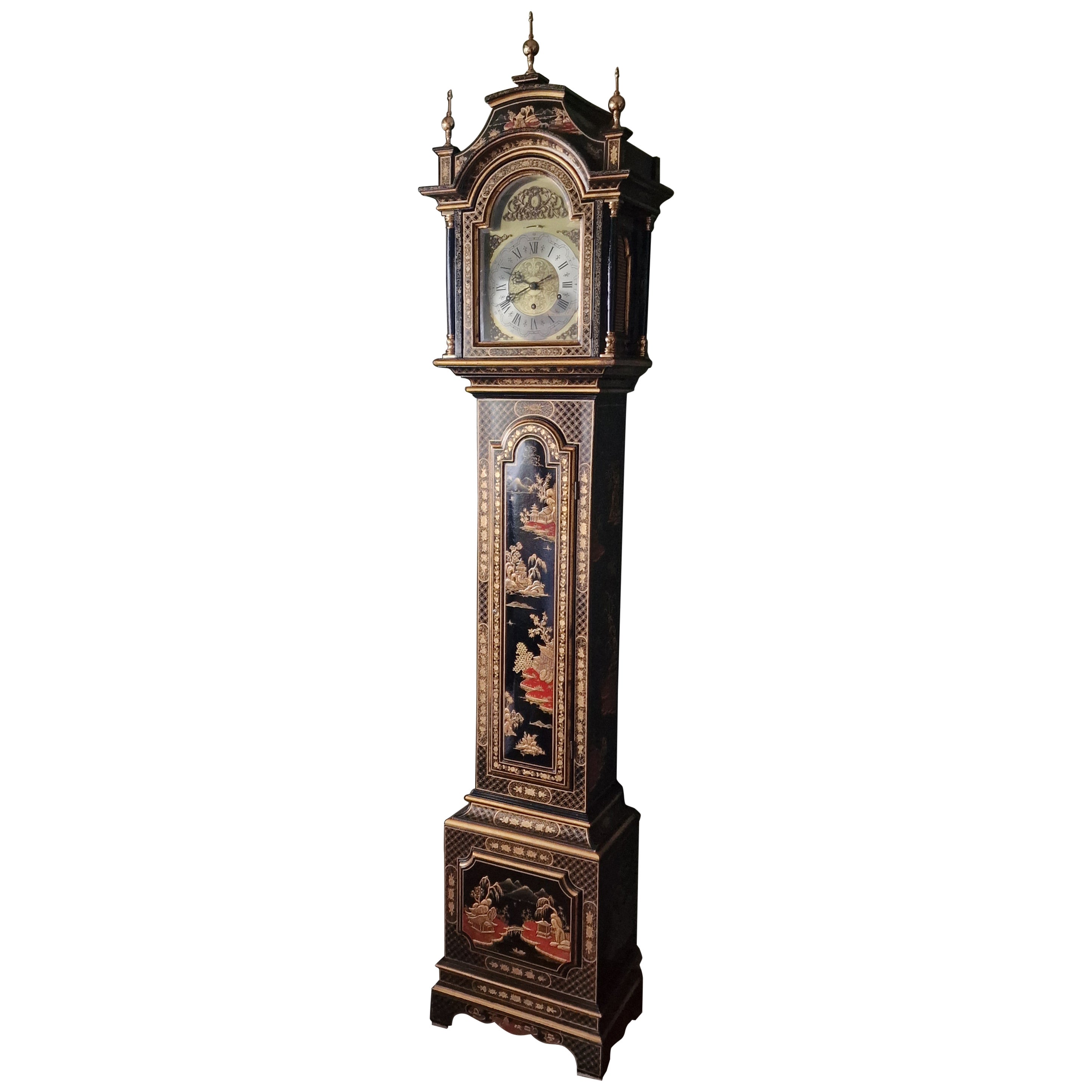 Grandfather red lacquer  chinoiserie wood  European Clock
