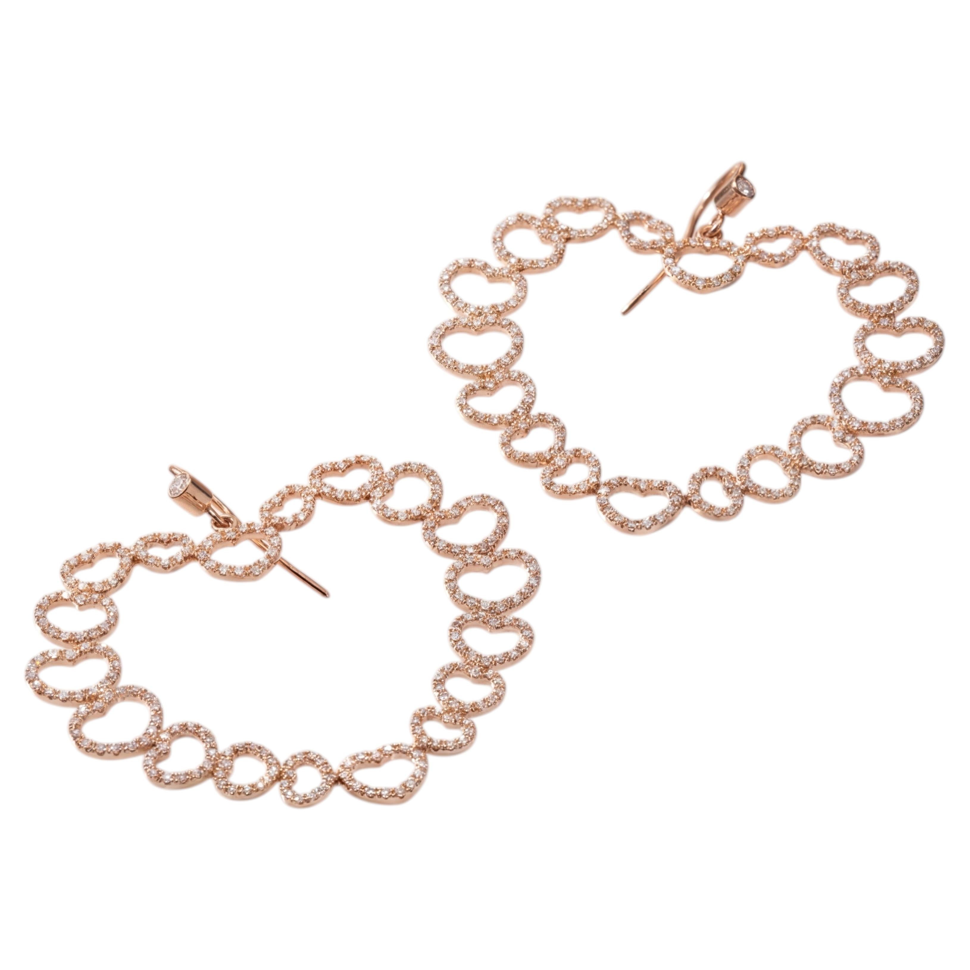 Large 18K Rose Gold Heart-Shaped Earrings with Lobes and Diamonds