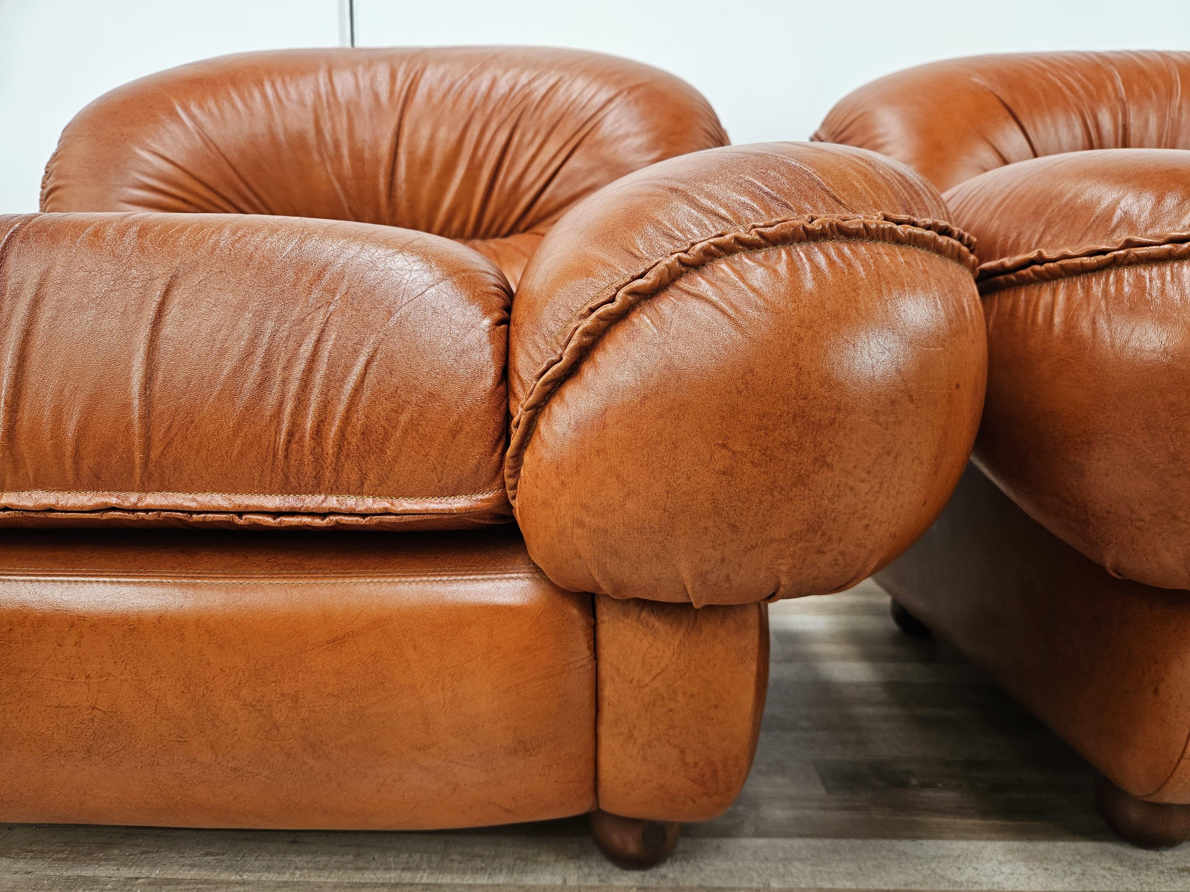 Grandi poltrone in pelle anni '70 cognac in vendita 6