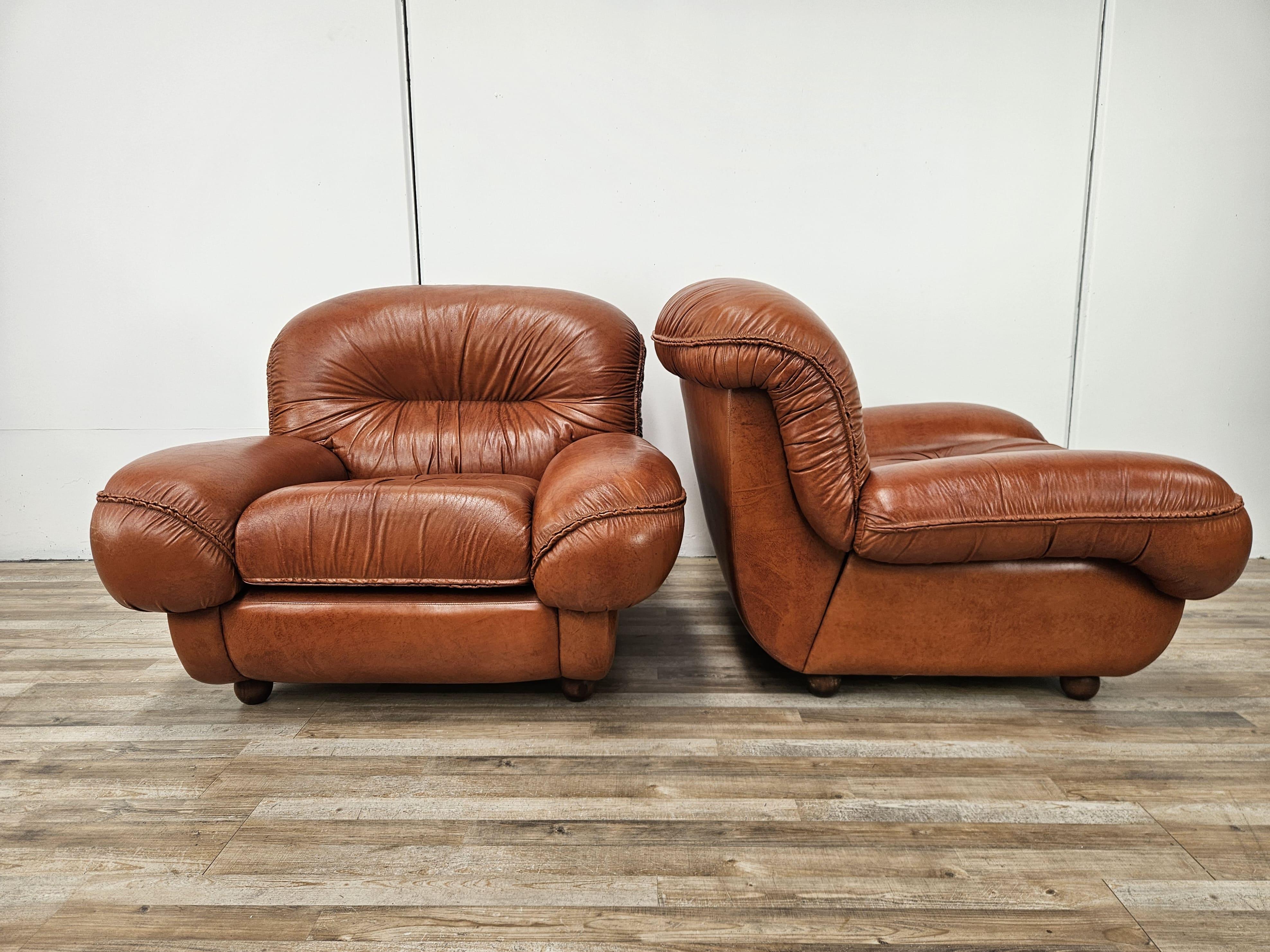 Coppia di grandi poltrone in pelle anni '70 marrone/cognac.

Le sedute sono estremamente comode e avvolgenti, perfette per un soggiorno una sala d'attesa o in studi e uffici.

Normali segni d'usura dovuti da età e utilizzo, si sono mantenute in