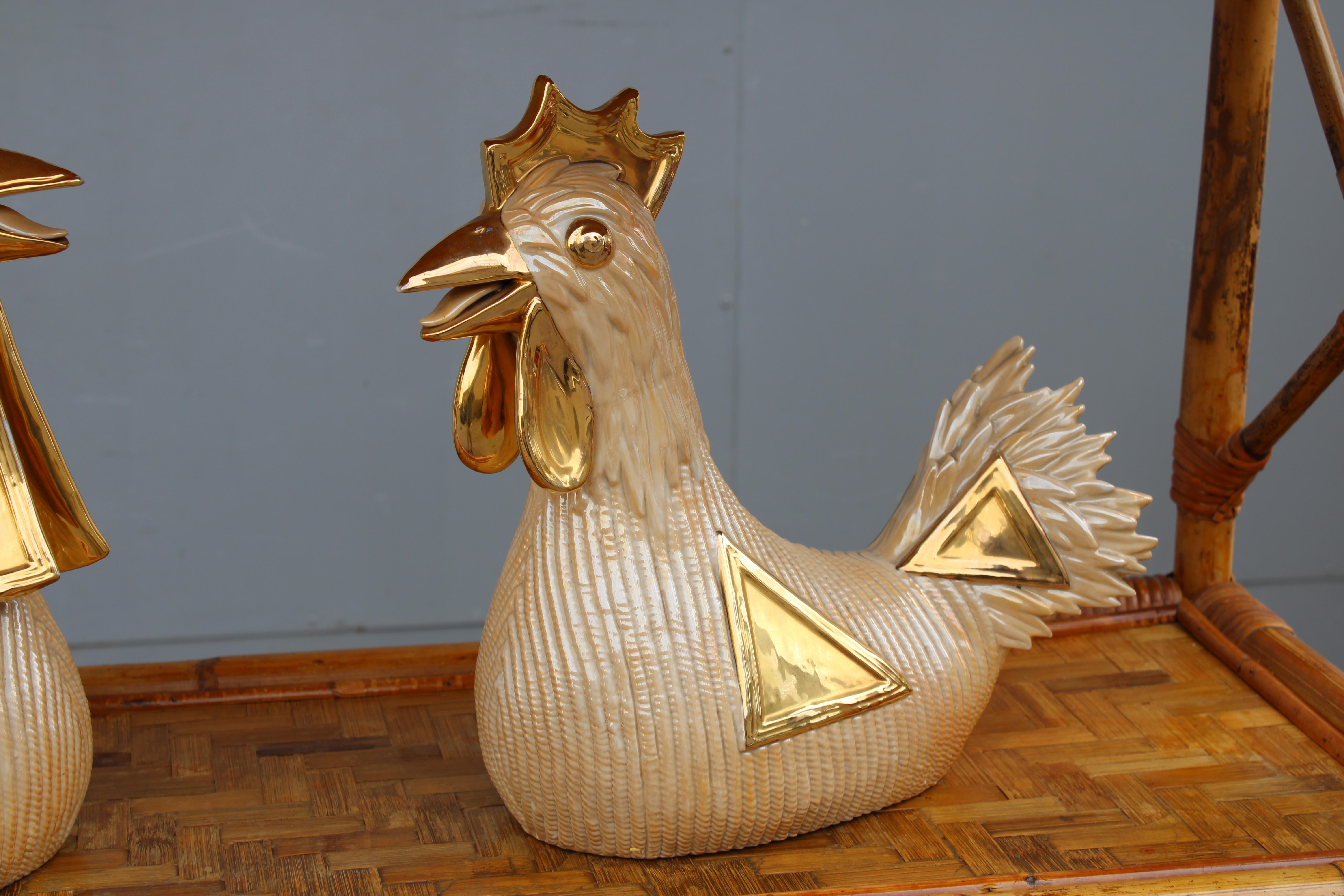 Grandes Esculturas Gallina y Gallo Italia 1970 en Oro 24 KT Moderno de mediados de siglo en venta