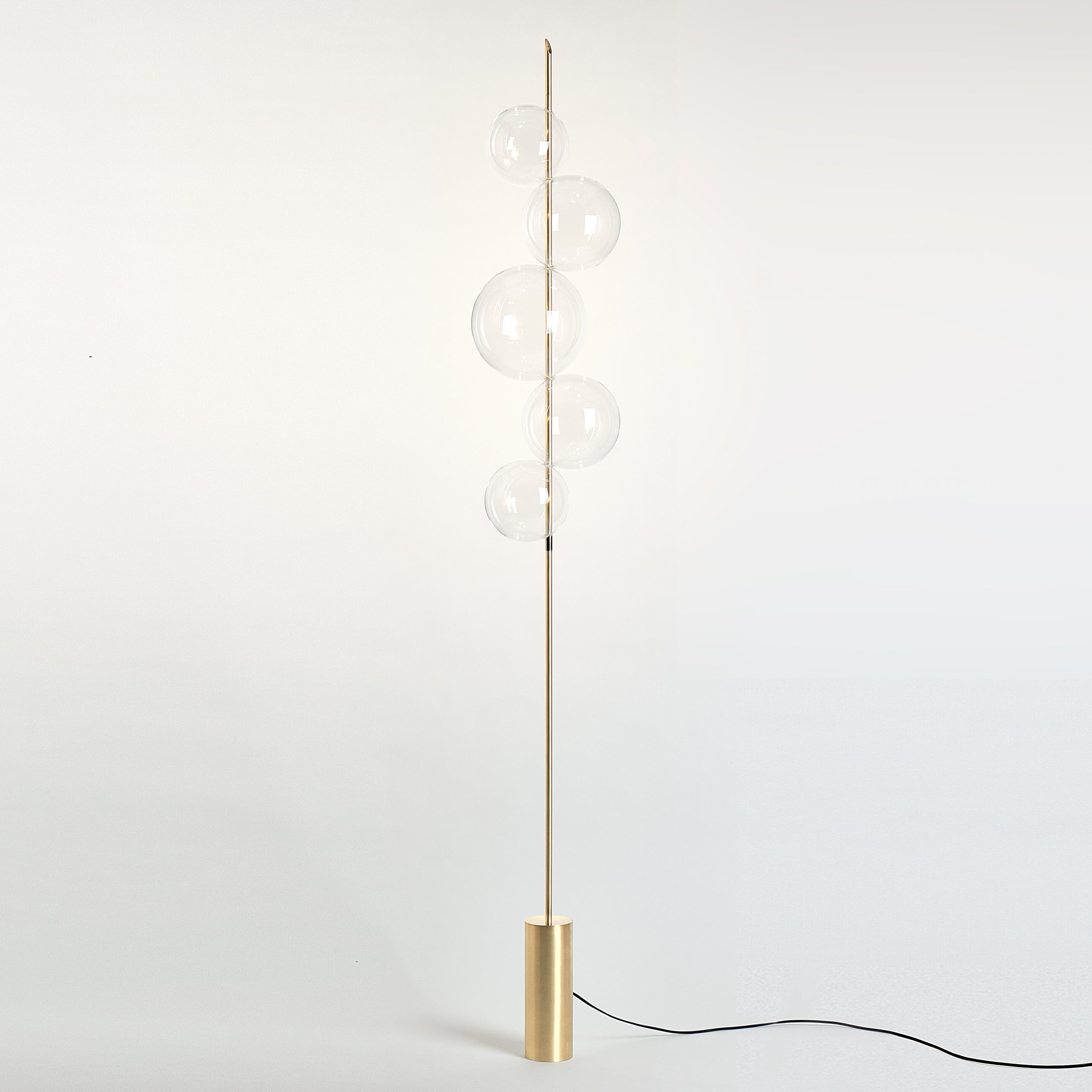 Lampadaire contemporain à cinq lumières Grandine en verre soufflé laiton brossé