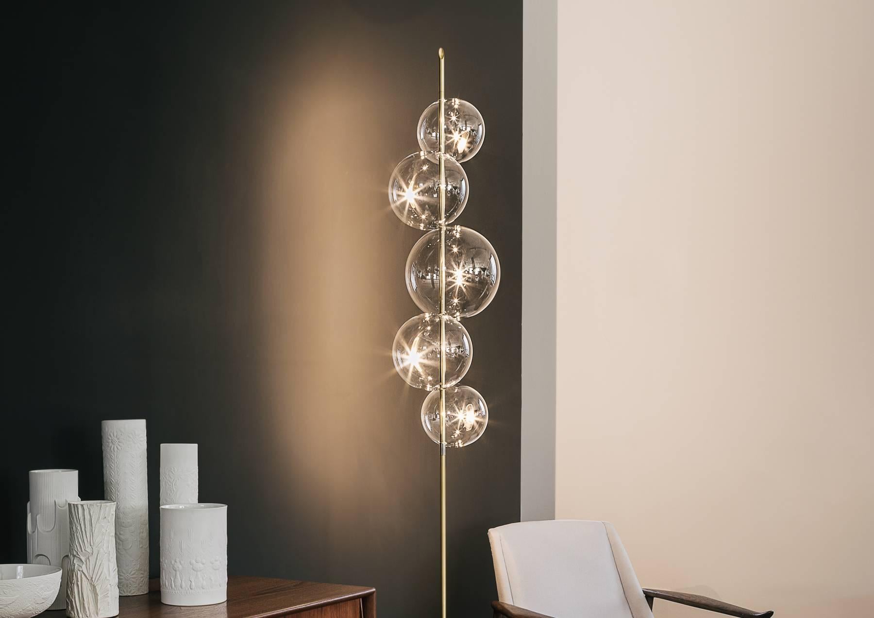 Italian Grandine Five Lights Contemporary Floor Lamp Brushed Brass Blown Glass For Sale