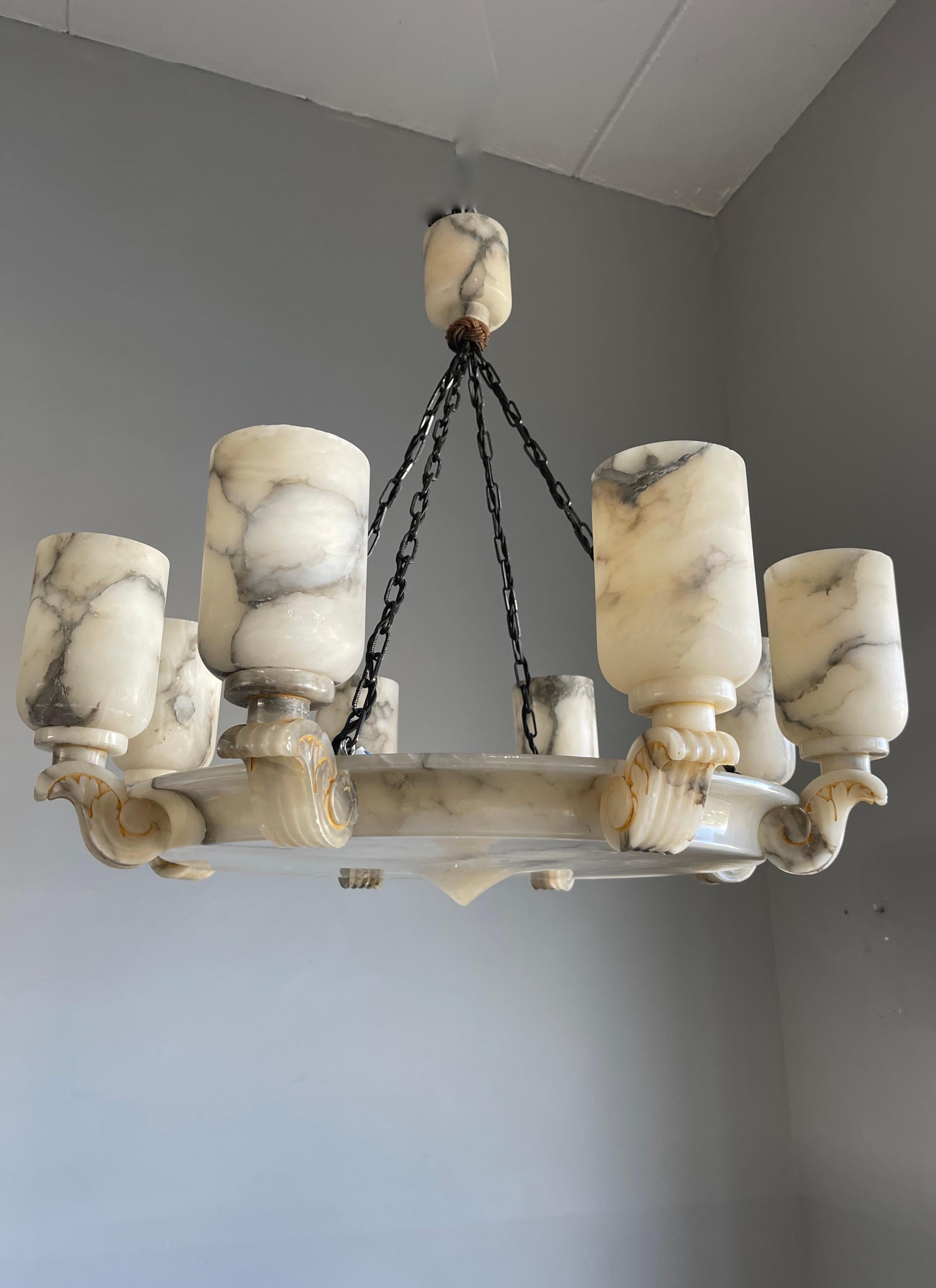 20th Century Grandiose & Unique Art Deco White Alabaster 12-Light Pendant / Chandelier, 1920