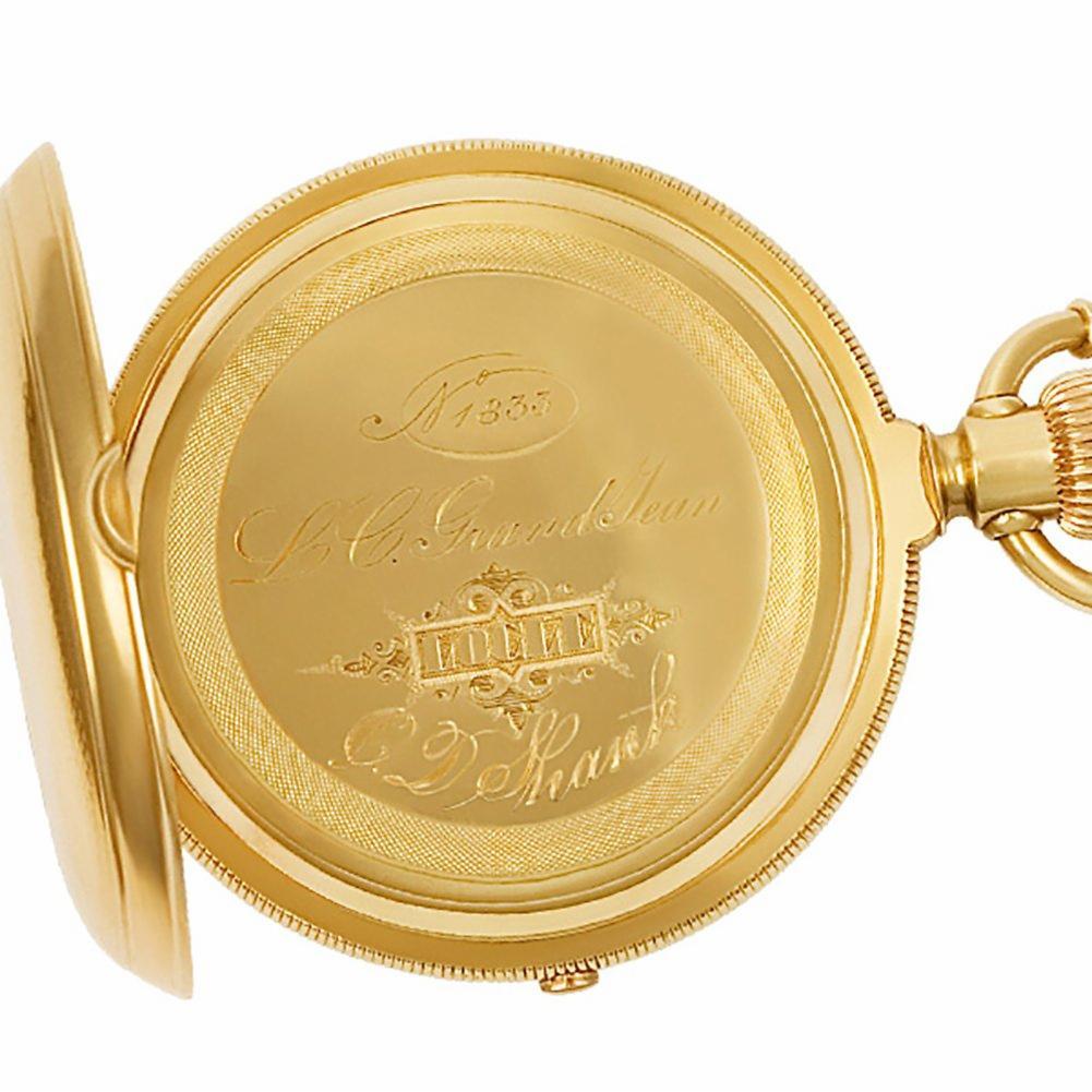 LC Grandjean open face single button chronograph pocket watch 17 jewels, triple sunk porcelain dial and moon hands in 18k yellow gold. Watch made in the Le Locle region in Switzerland. Manual with sub seconds.55mm.Circa 1890's. Fine Pre-owned