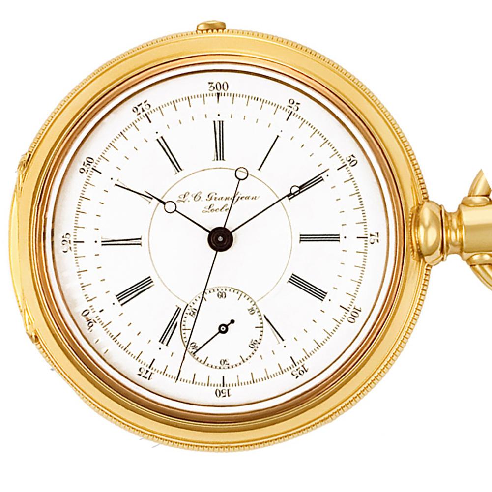 LC Grandjean Einknopf-Chronographen-Taschenuhr mit offenem Zifferblatt, 17 Steinen, dreifach versenktem Porzellanzifferblatt und Mondzeigern aus 18k Gelbgold.  Die Uhr wurde in der Region Le Locle in der Schweiz hergestellt. Manuelle Uhr mit kleiner