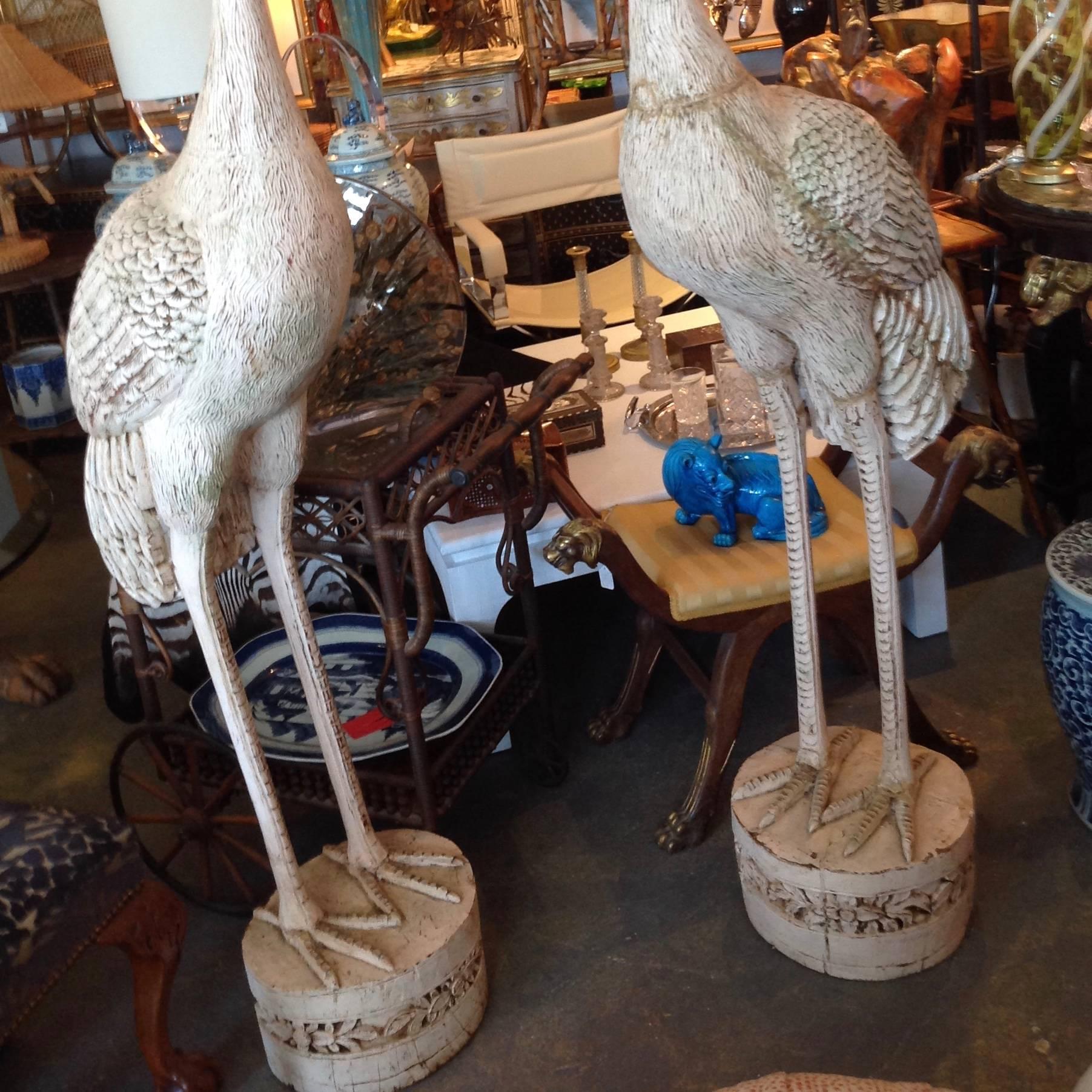 Grandly Scaled Pair of Vintage Carved Cranes In Good Condition In West Palm Beach, FL