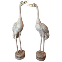 Grandly Scaled Pair of Vintage Carved Cranes