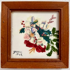Original 1949 Painted Ceramic Tile Flowers Hand Painting Grandma Moses Folk Art