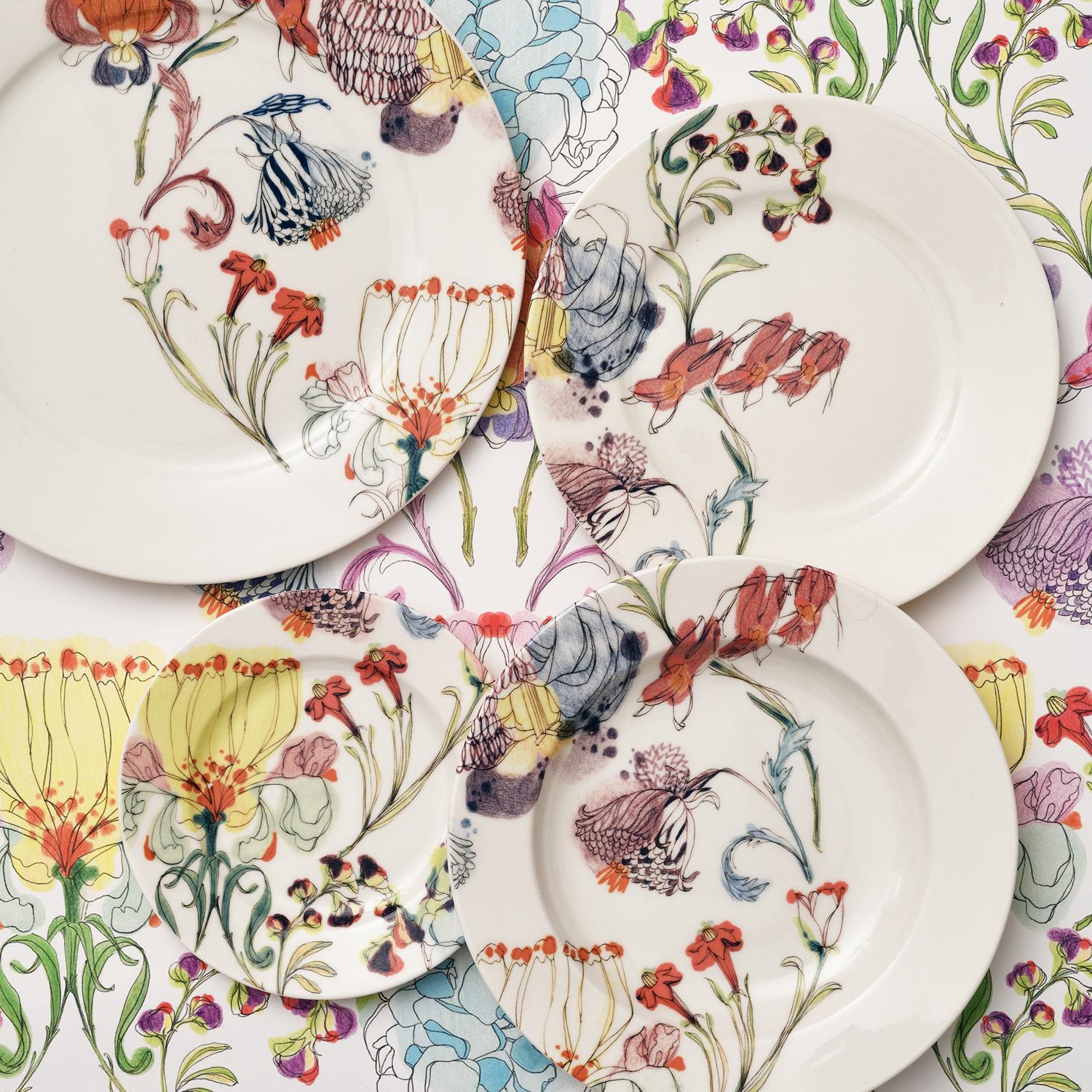 Other Grandma's Garden, Contemporary Porcelain Dessert Plate Set with Floral Design For Sale