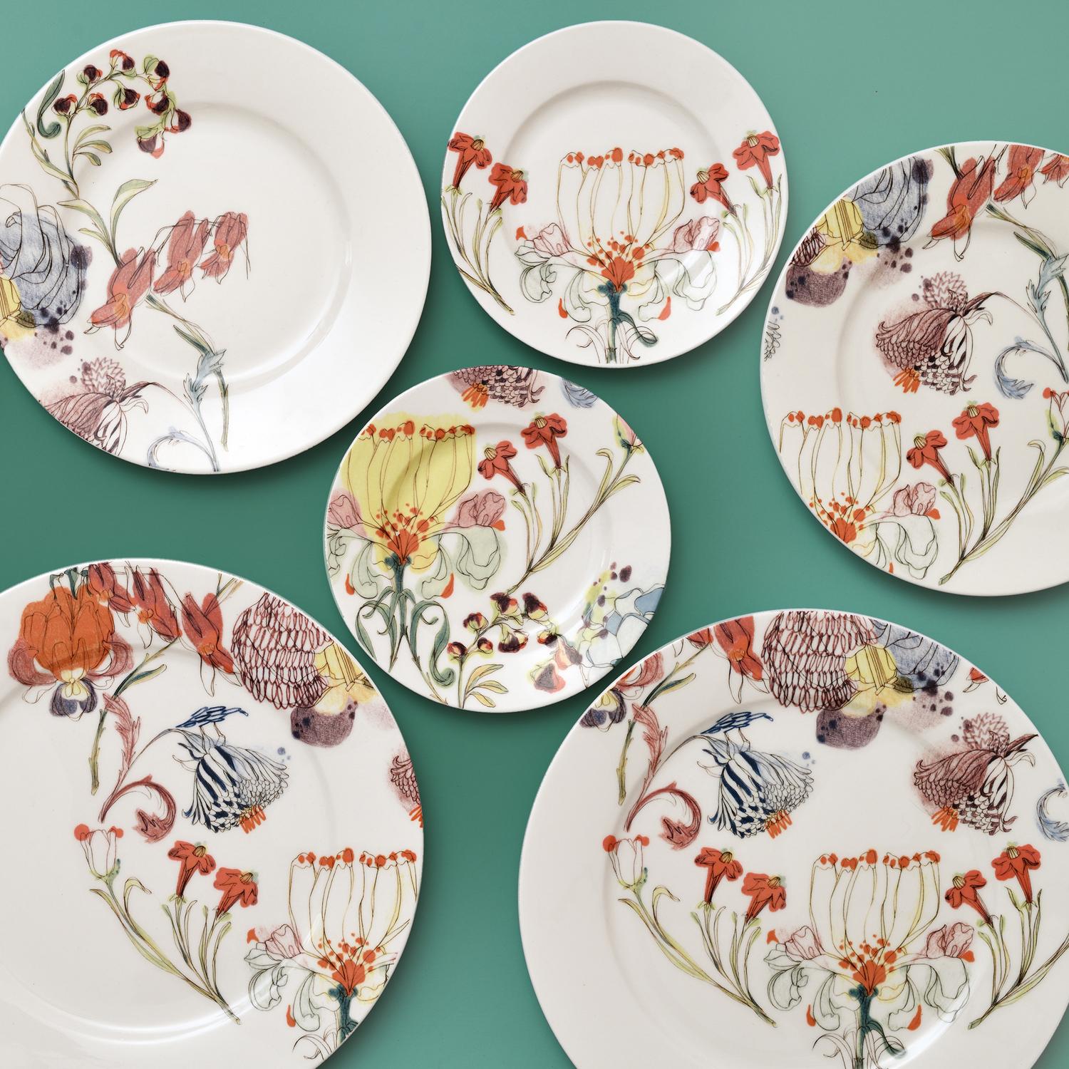 Italian Grandma's Garden, Contemporary Porcelain Dessert Plate Set with Floral Design For Sale