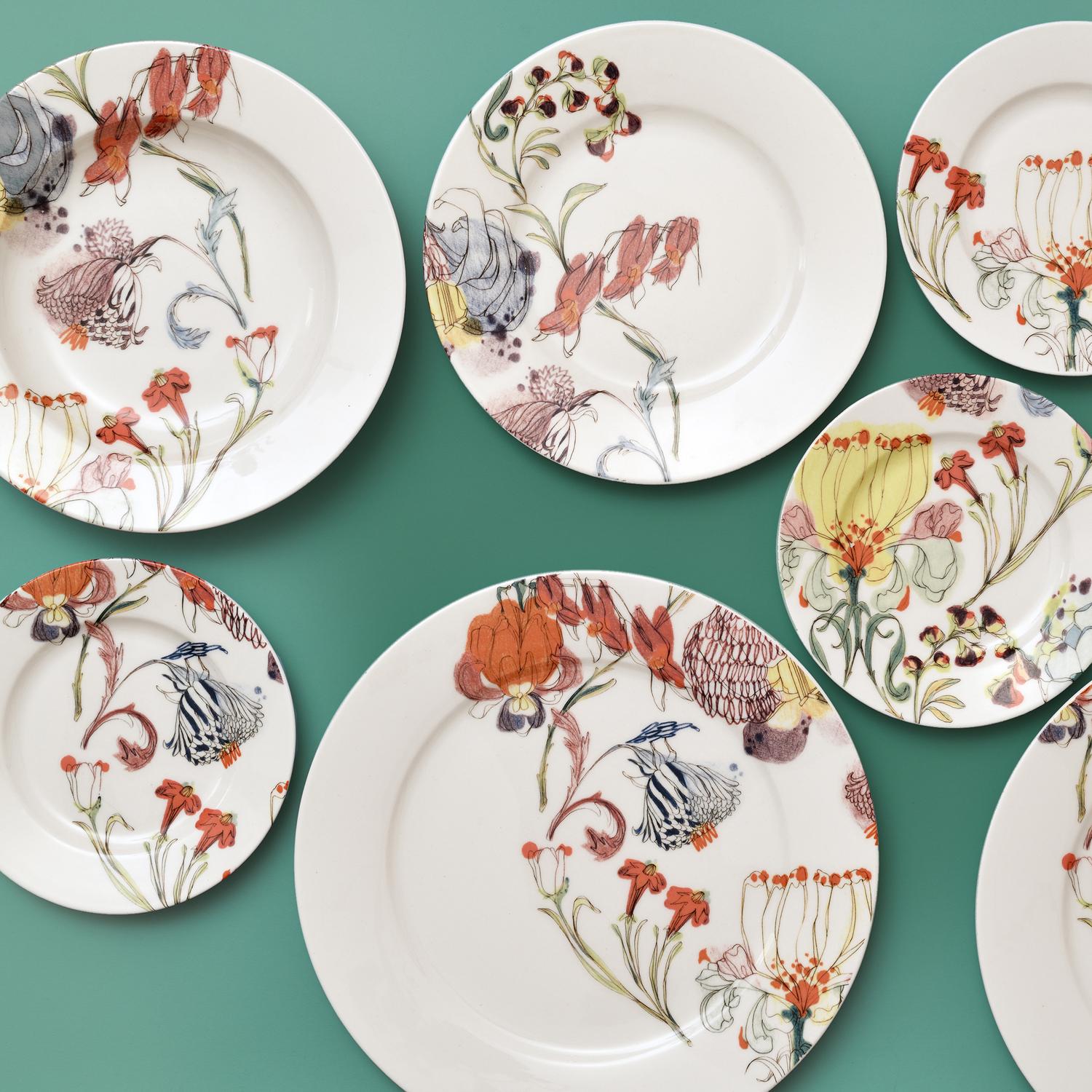 Italian Grandma's Garden, Contemporary Porcelain Dessert Plates Set with Floral Design For Sale