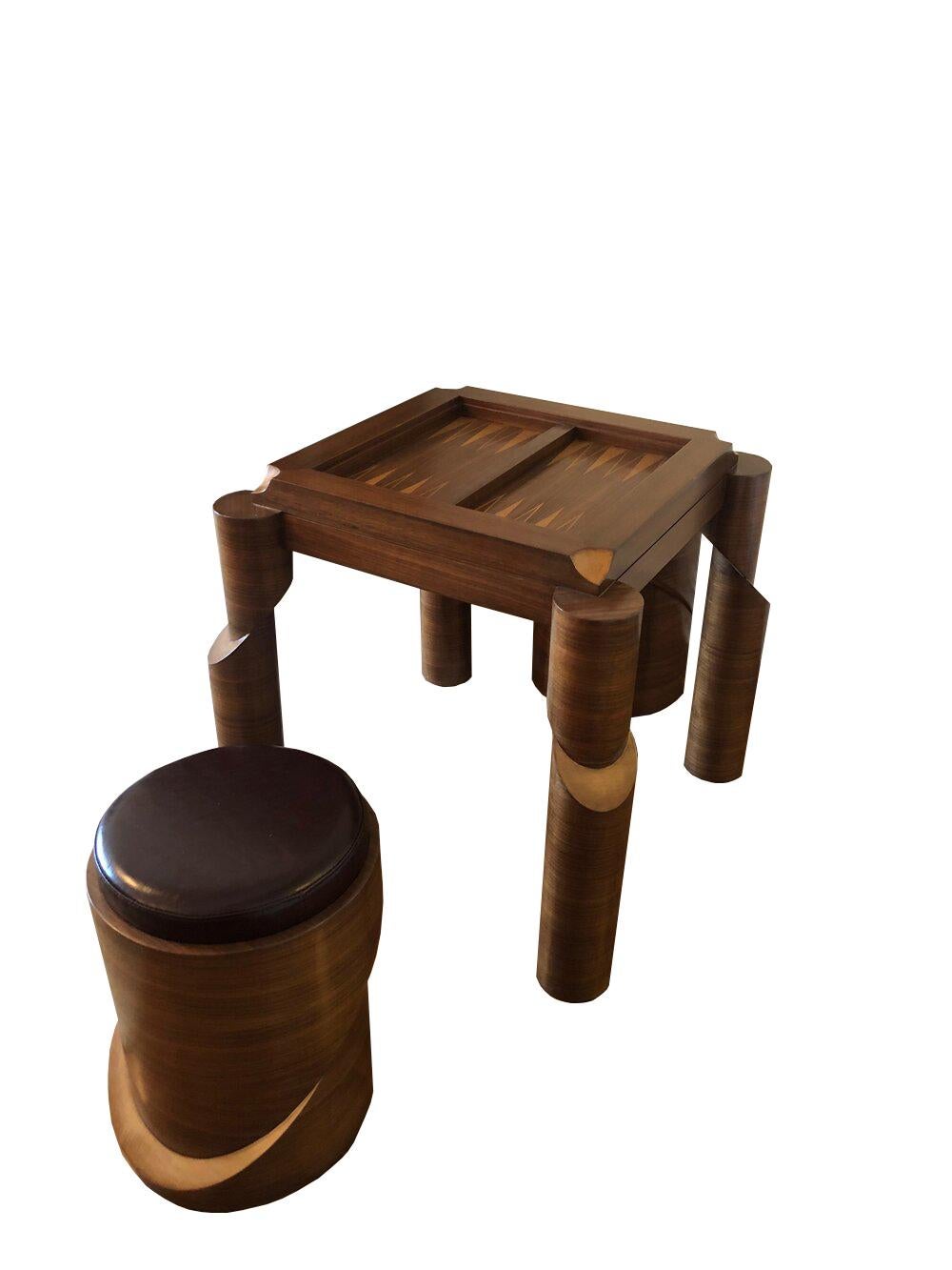 The ancient game of chess is based on strategy and winning is ultimately being the better strategist. The table was designed to reflect this exchange between opponents. The players think long-term, protect certain pieces, while losing other pieces