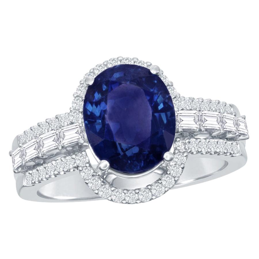 Granduer 2.75 Carat Oval Sapphire and Diamond Engagement Ring in 18K White Gold For Sale