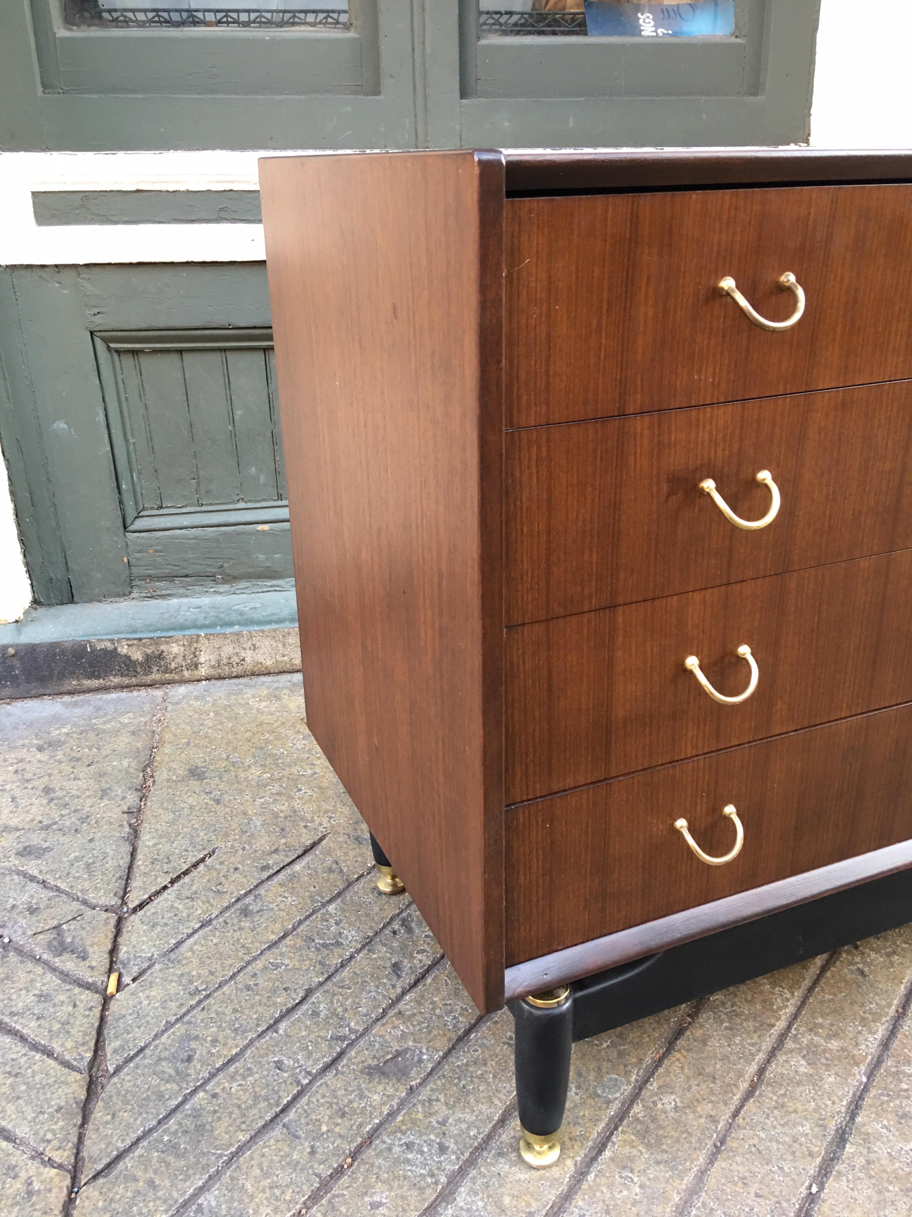 Grange 4-drawer French rosewood dresser. Brass U- shaped handles are unique and quite easy to grasp! Probably from the 1950s or early 1960s, looks like it was completely restored within the last few years. Beautiful Rosewood Body on an elevated and