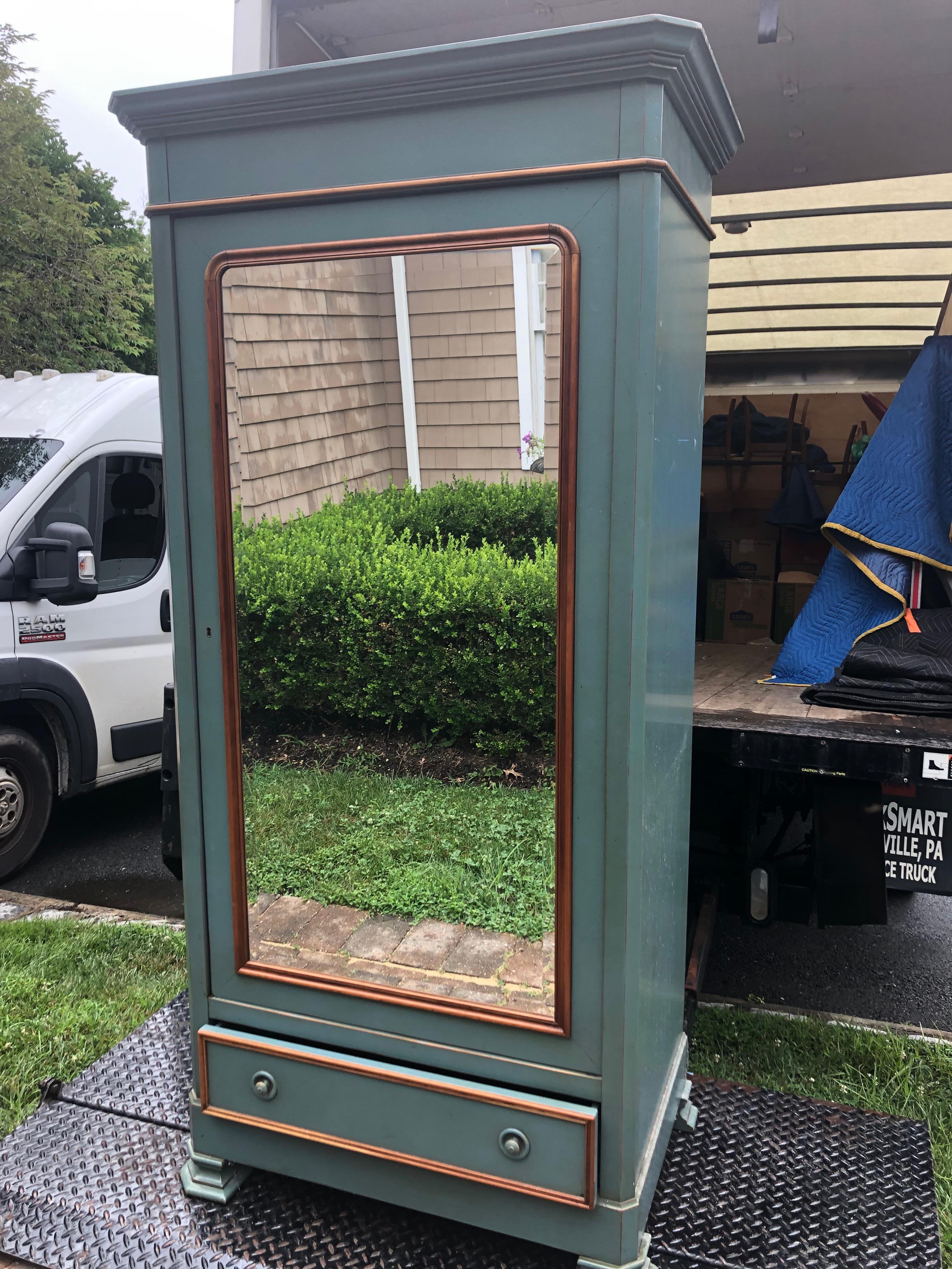 Grange French Country Provencal Greenish Blue Mirrored Armoire Wardrobe In Good Condition In Hopewell, NJ