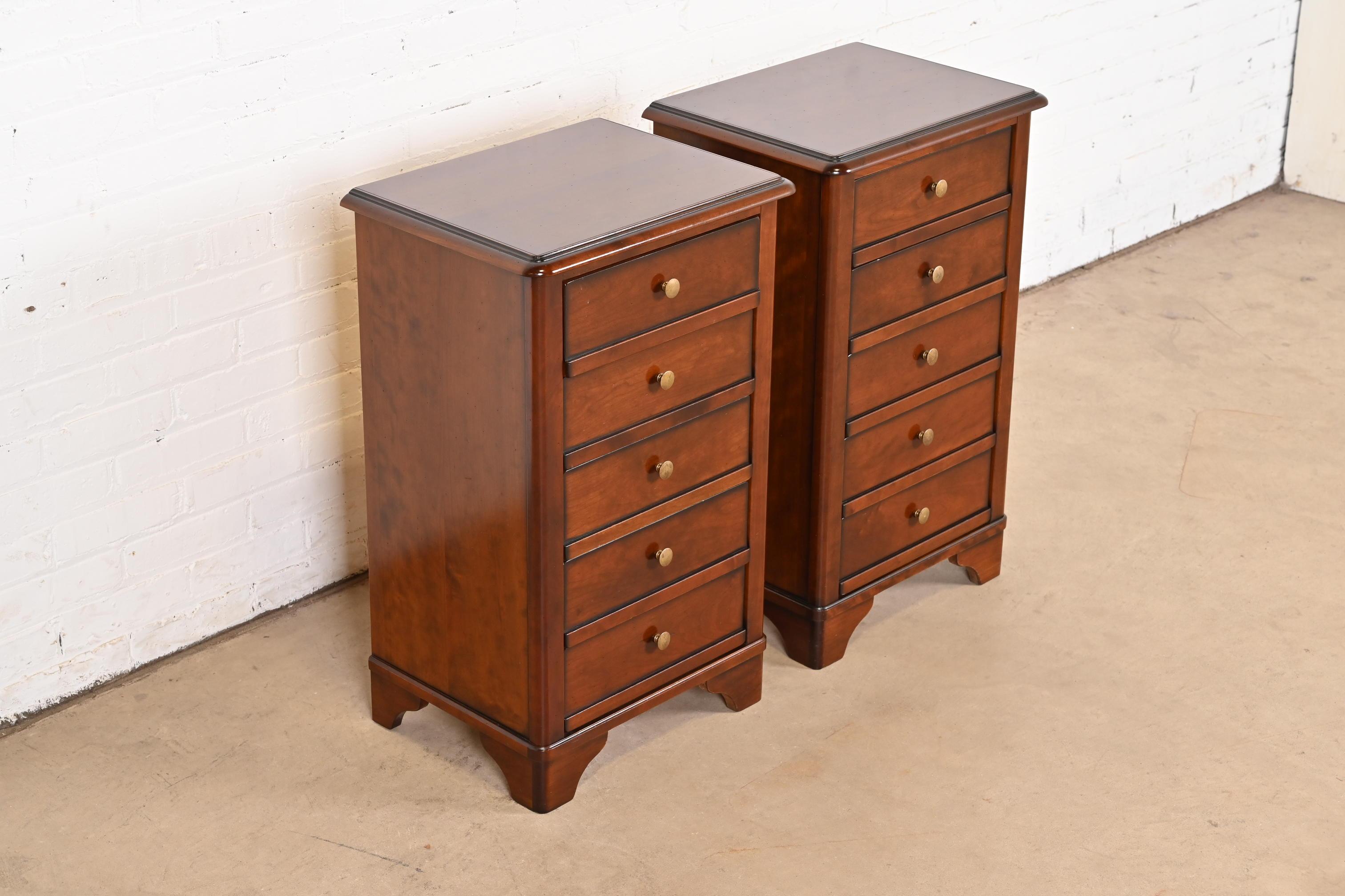 Brass Grange French Louis Philippe Cherry Wood Bedside Chests, Pair For Sale