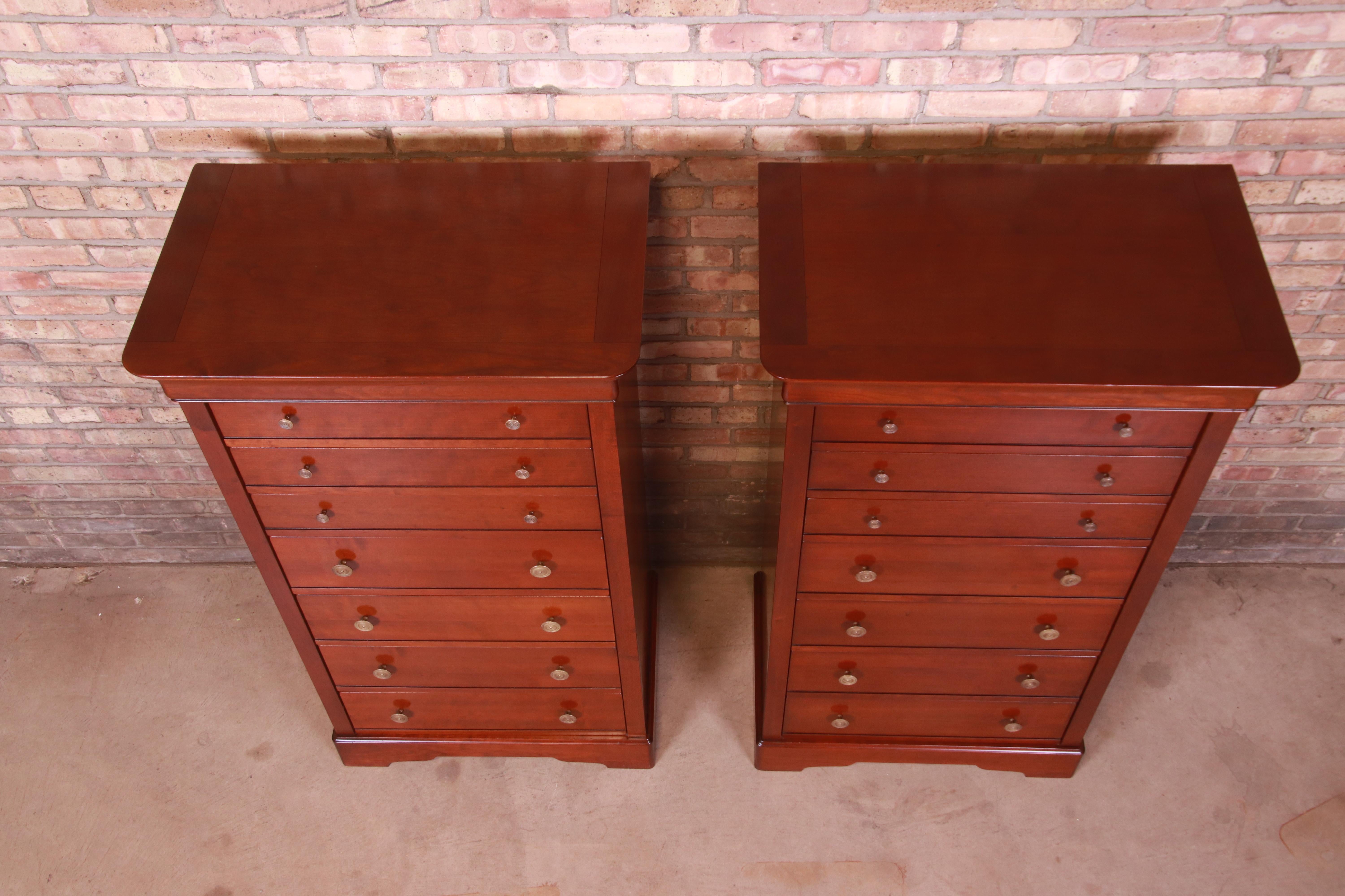 Brass Grange French Louis Philippe Cherry Wood Lingerie Chests or Semainiers, Pair