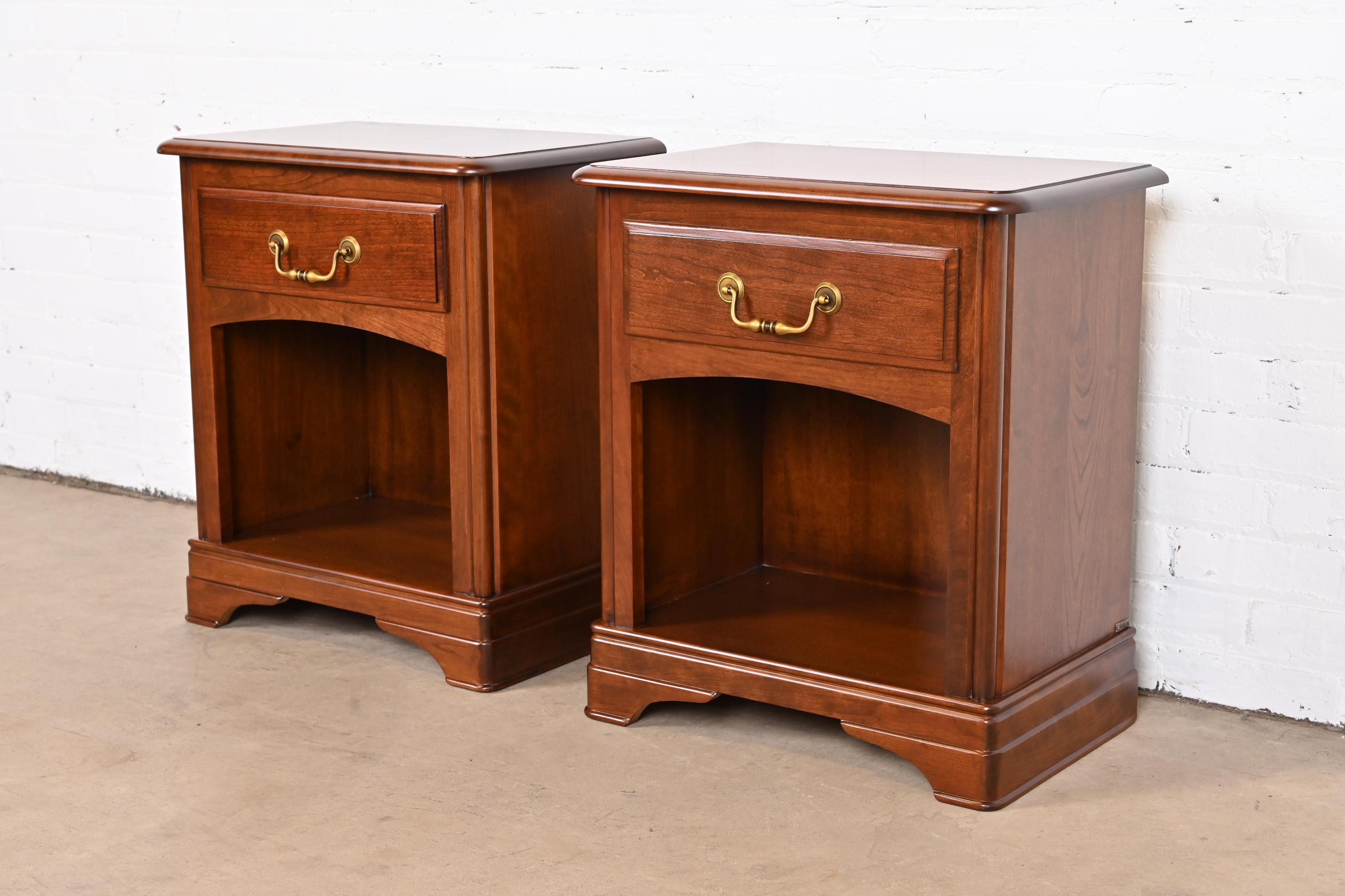 A gorgeous pair of French Louis Philippe style nightstands

By Grange

France, 1990s

Solid cherry wood, with original brass hardware.

Measures: 21.25