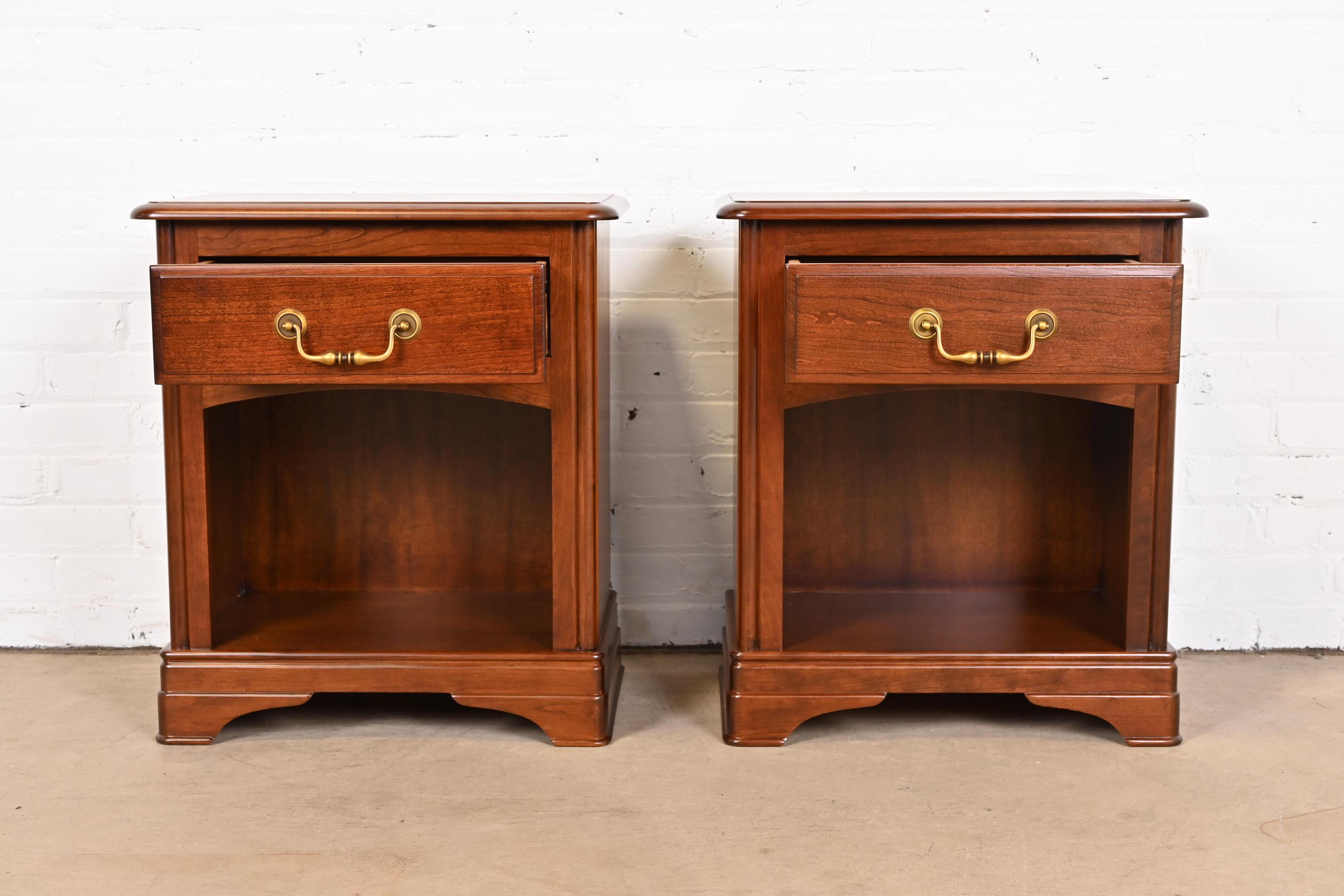 Brass Grange French Louis Philippe Cherry Wood Nightstands, Newly Refinished