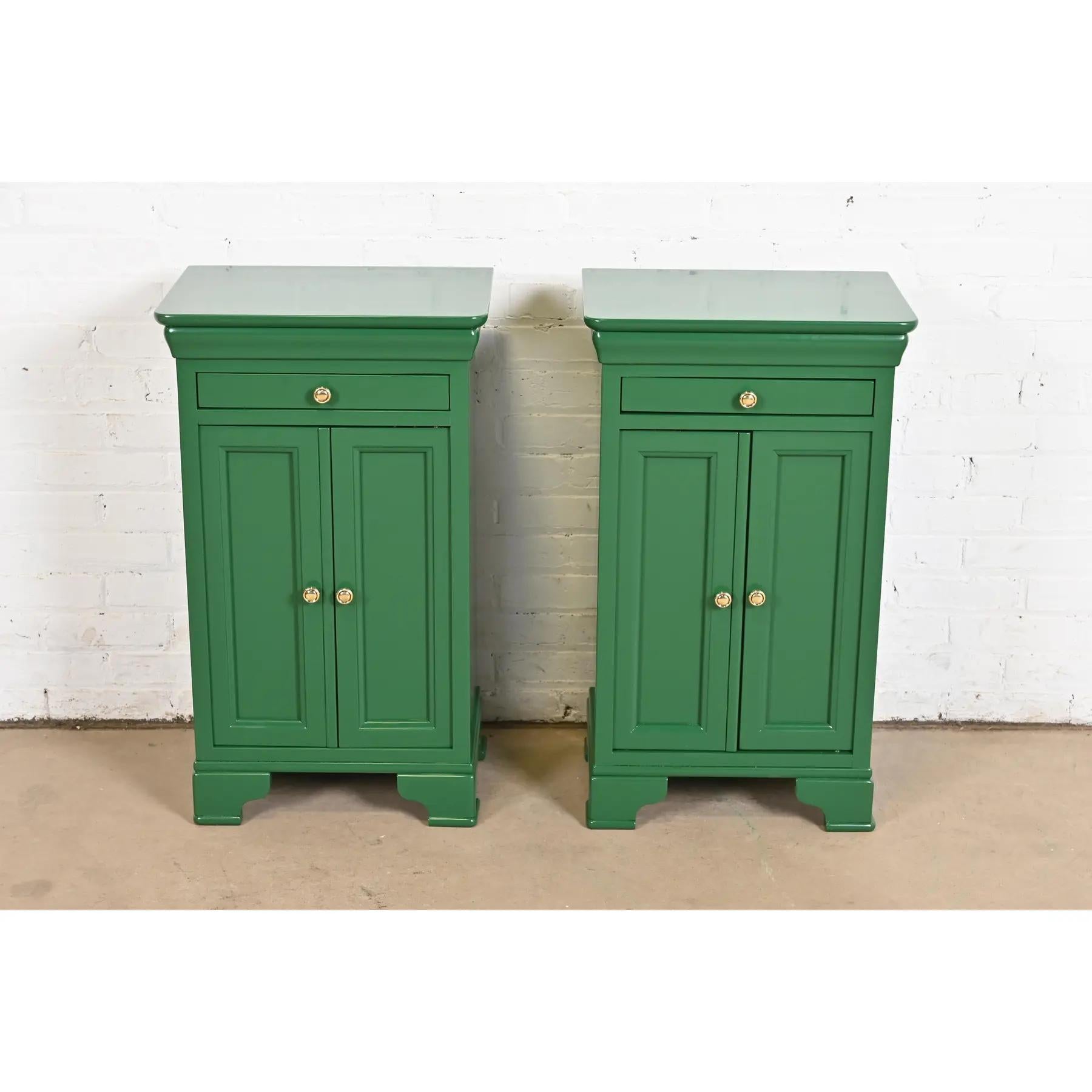 French Provincial Grange French Louis Philippe Green Lacquered Nightstands, Newly Refinished For Sale