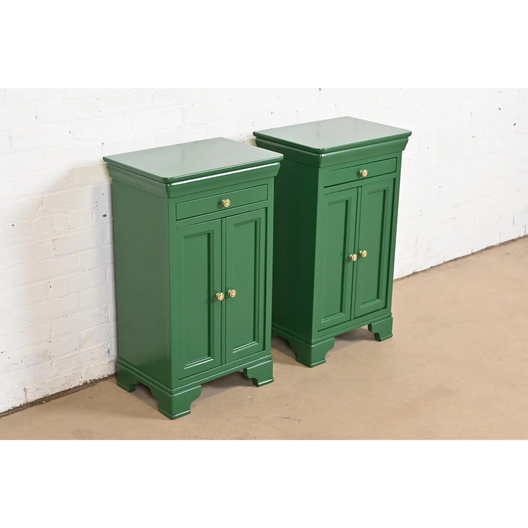 20th Century Grange French Louis Philippe Green Lacquered Nightstands, Newly Refinished For Sale
