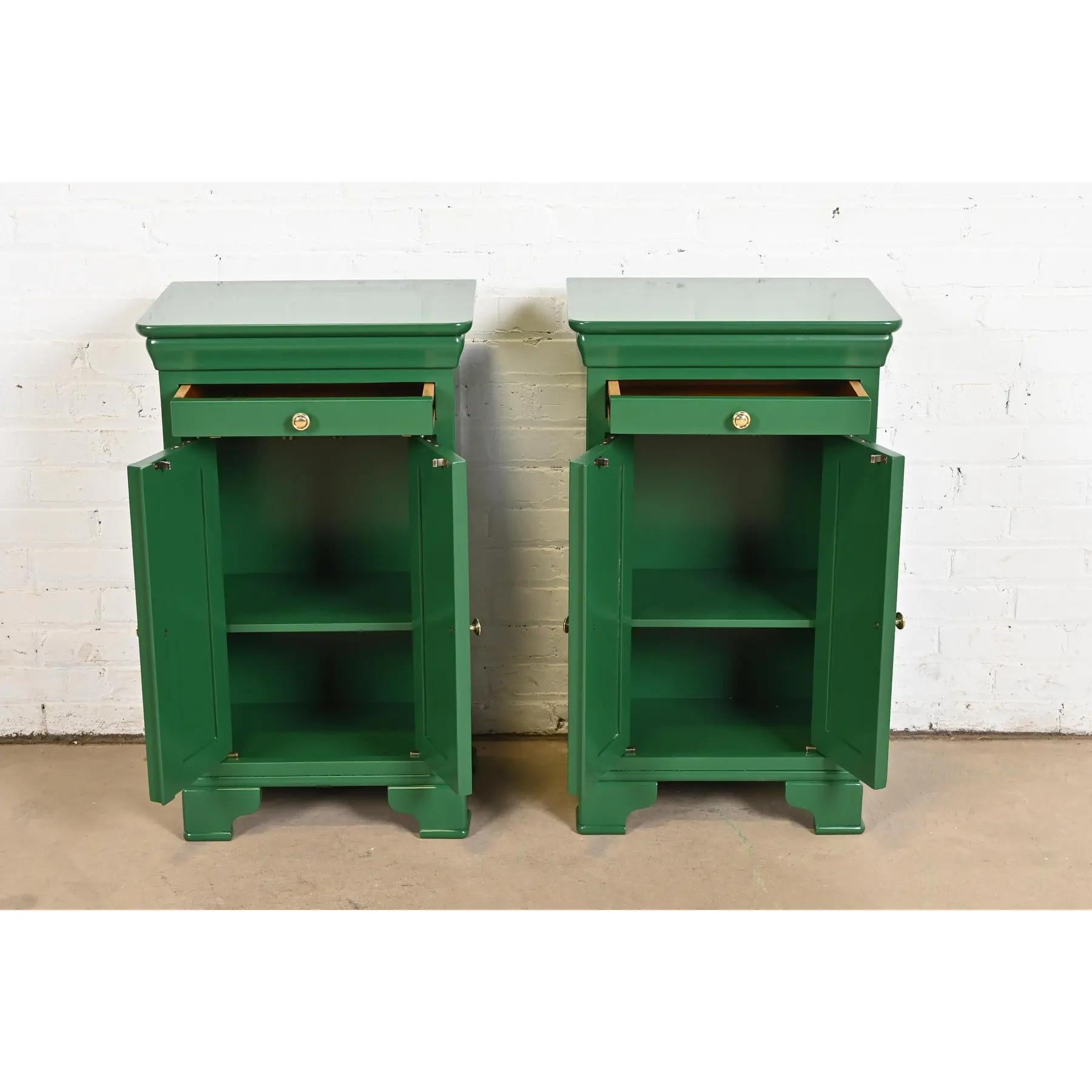 Brass Grange French Louis Philippe Green Lacquered Nightstands, Newly Refinished For Sale