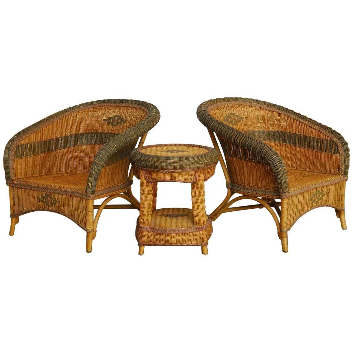 Grange Style French Wicker Club Chairs and Table