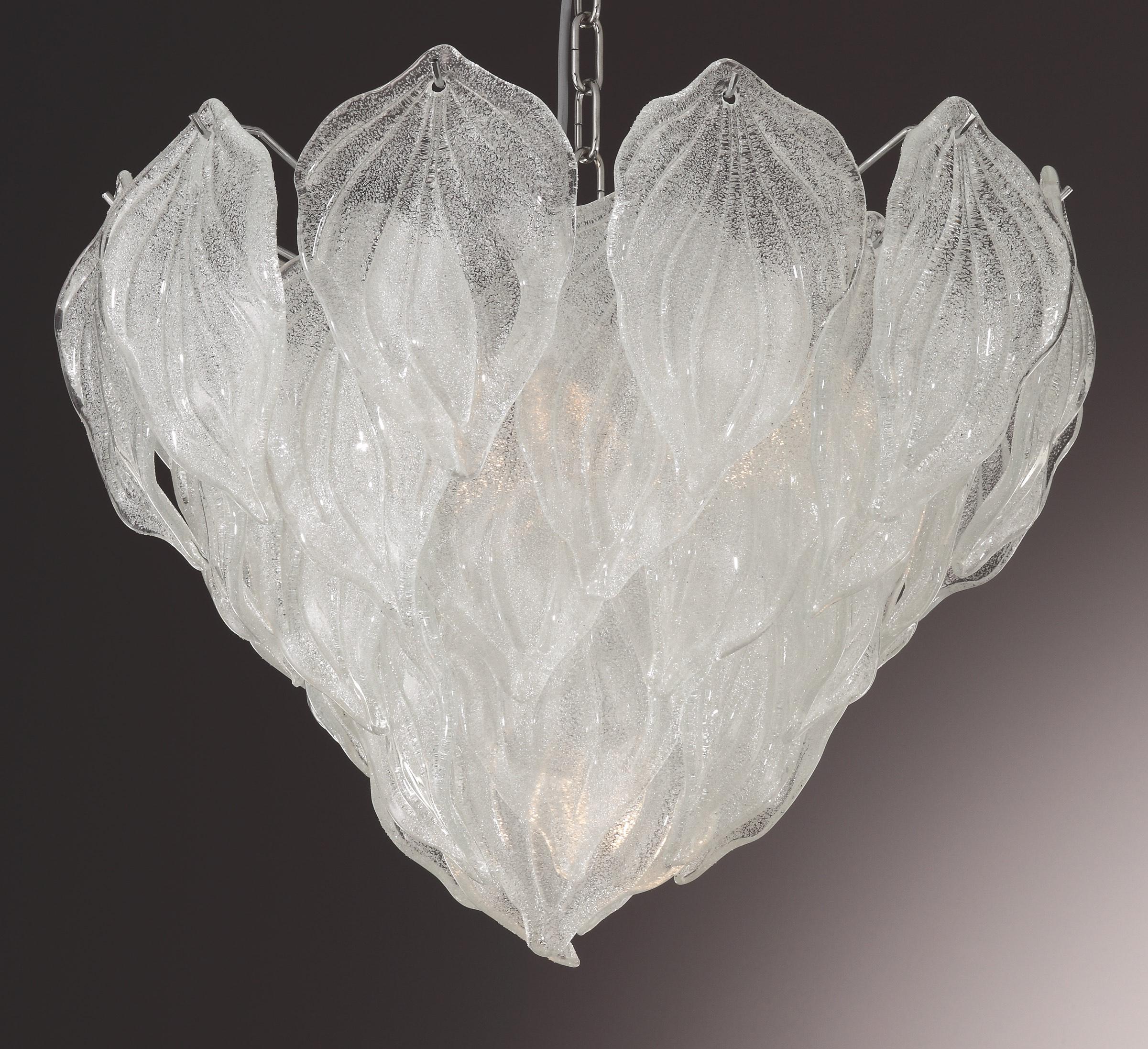 Italian chandelier shown with clear Murano glass leaves hand blown in Graniglia technique to produce granular textured effect, mounted on chrome finish frame / Designed by Fabio Bergomi for Fabio Ltd, inspired by Mazzega / Made in Italy
5 lights /
