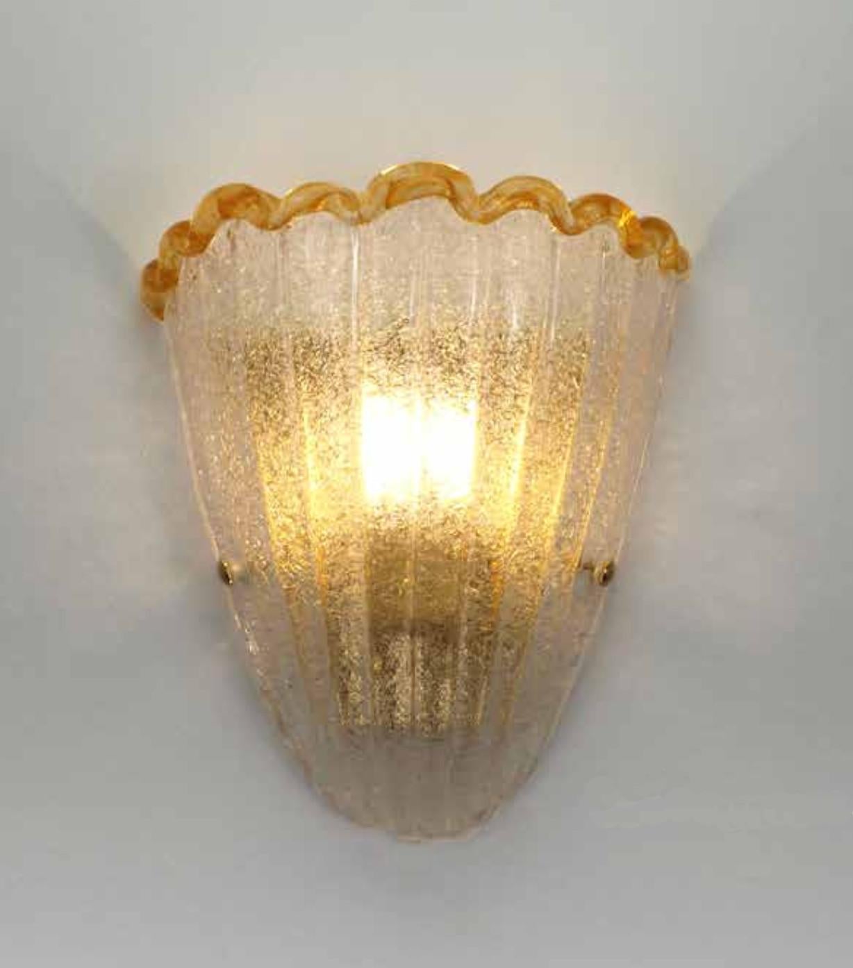 Italienische Wandleuchte mit einem Schild aus Murano-Glas, mundgeblasen in Graniglia-Technik, um einen körnigen, strukturierten Effekt mit bernsteinfarbenem Rand zu erzeugen, montiert auf einem vergoldeten Rahmen / Made in Italy
Maße: Höhe 10 Zoll,