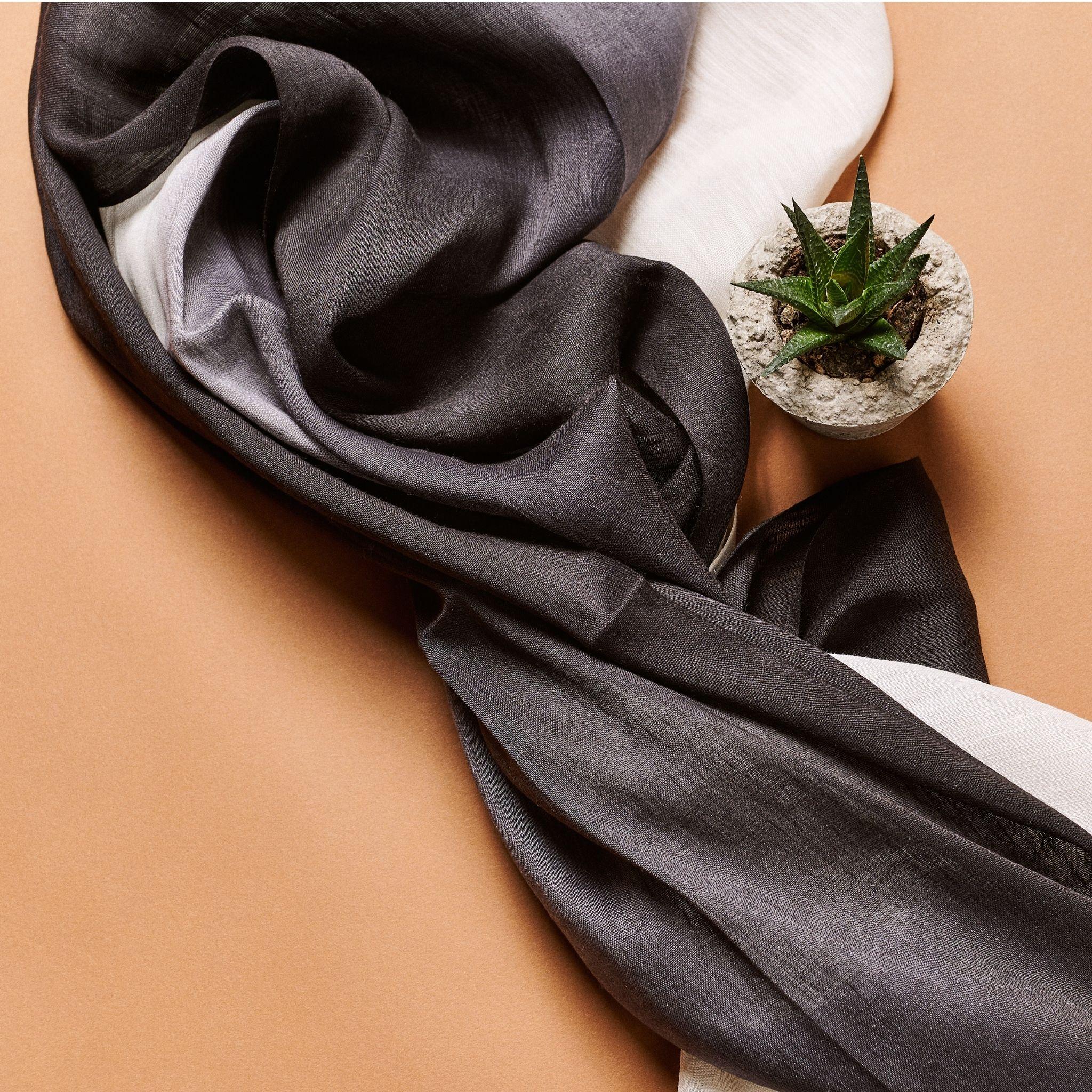 Granite Black White Ombre Soft Linen Silk Handloom Artisanal Scarf For Sale 8