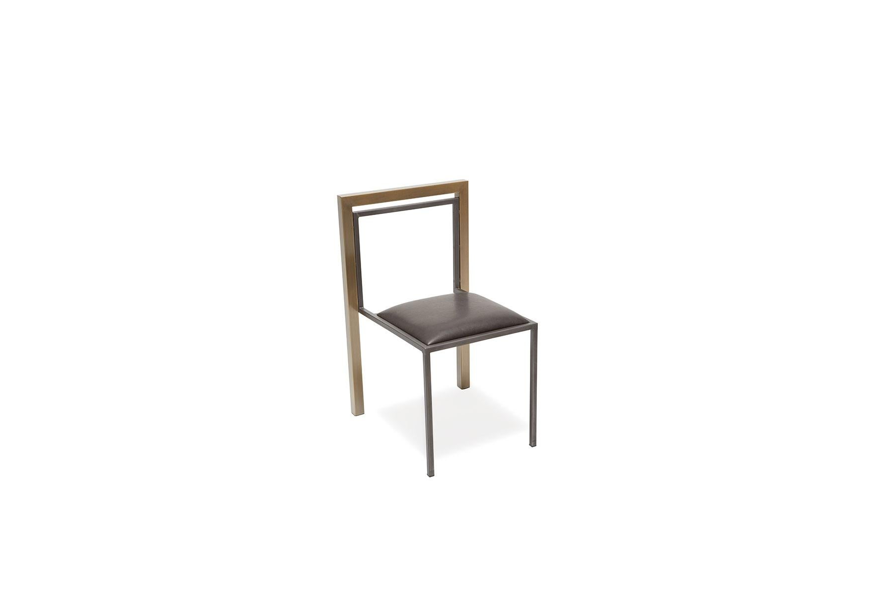 Granite Leather and Antique Brass Dining Chair with Blackened Steel Frame In New Condition For Sale In Los Angeles, CA