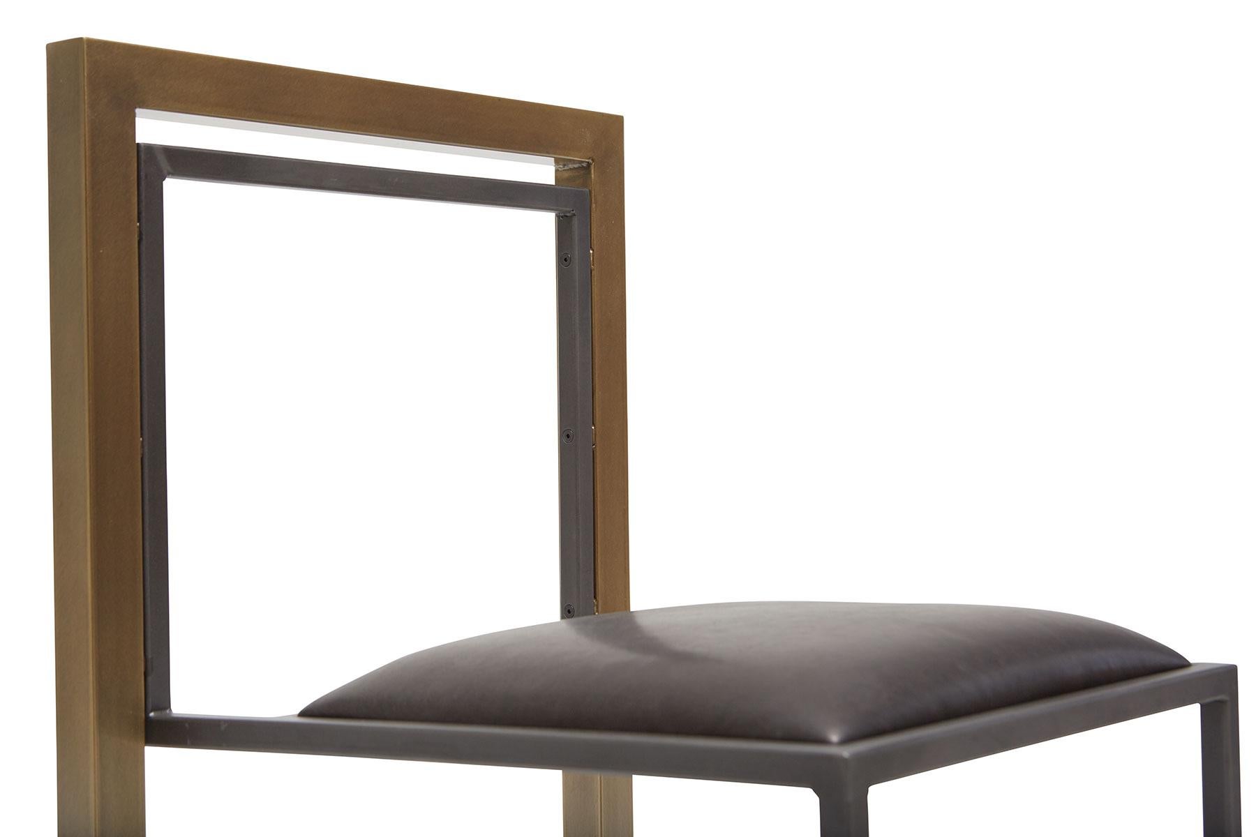 Contemporary Granite Leather and Antique Brass Dining Chair with Blackened Steel Frame For Sale