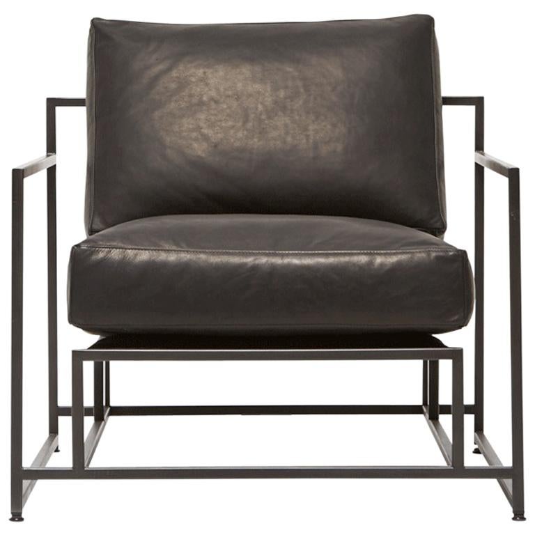 Granite Leather and Blackened Steel Armchair For Sale