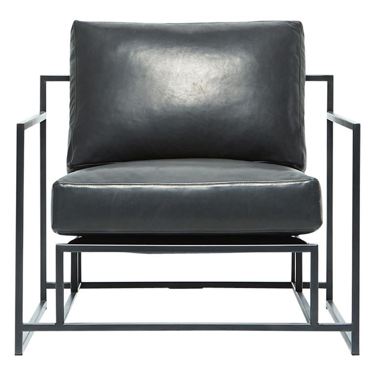 Smooth Black Leather and Blackened Steel Armchair