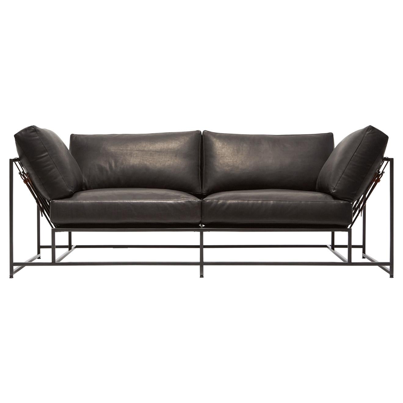 Granite Leather & Blackened Steel Two Seat Sofa For Sale