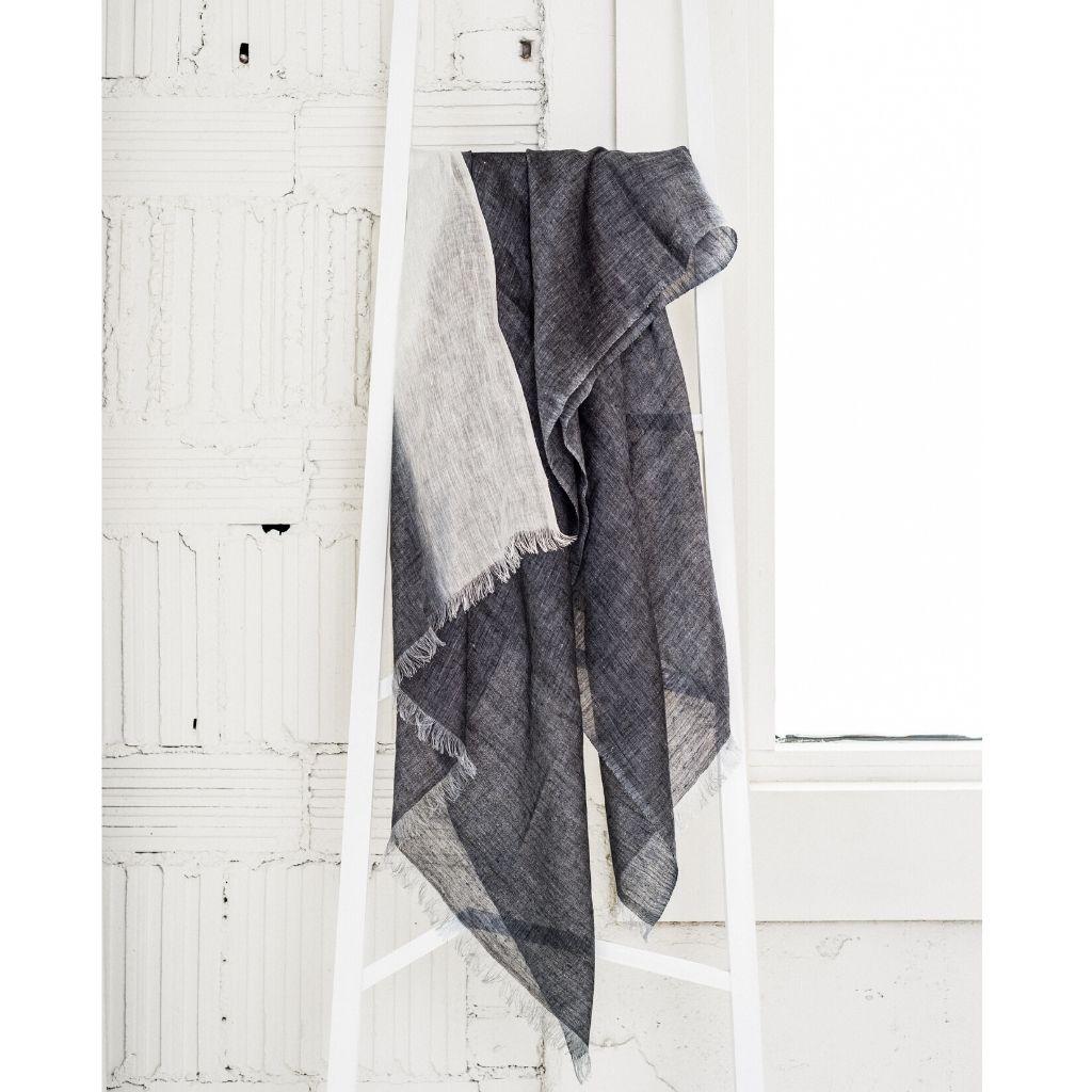 Women's or Men's Granite Ombre Dyed Black and White Artisanal Linen Scarf For Sale