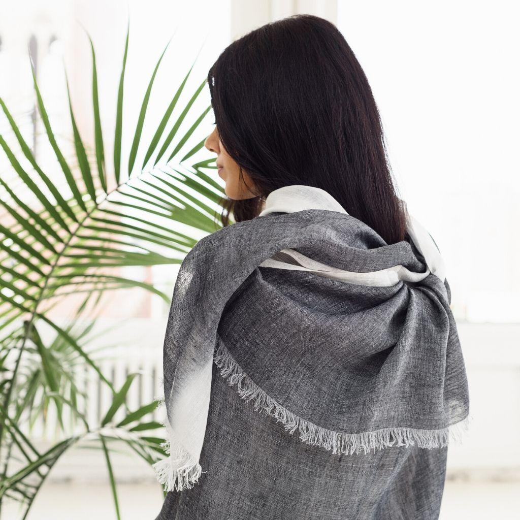 Granite Ombre Dyed Black and White Artisanal Linen Scarf For Sale 1