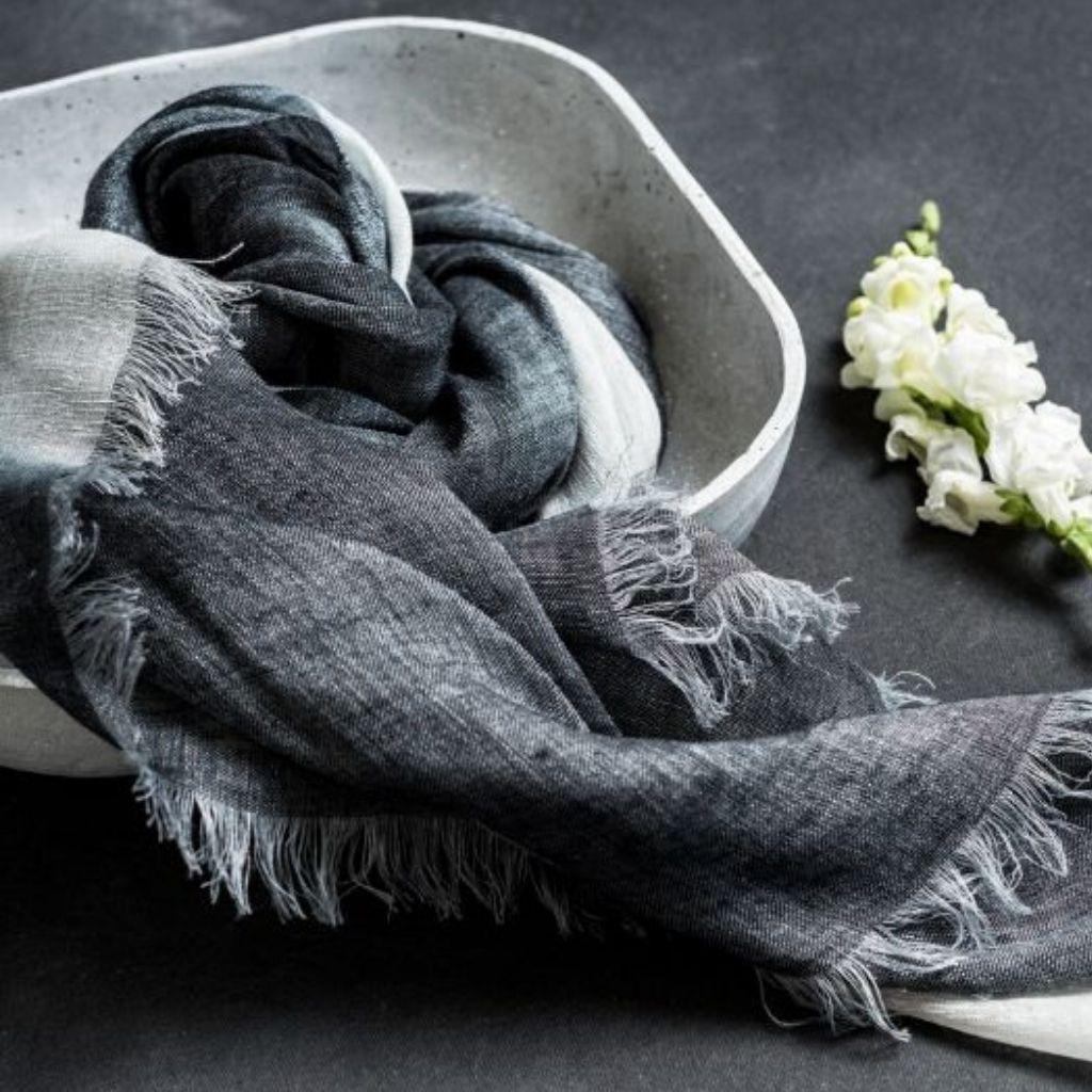 Granite Ombre Dyed Black and White Artisanal Linen Scarf For Sale 3