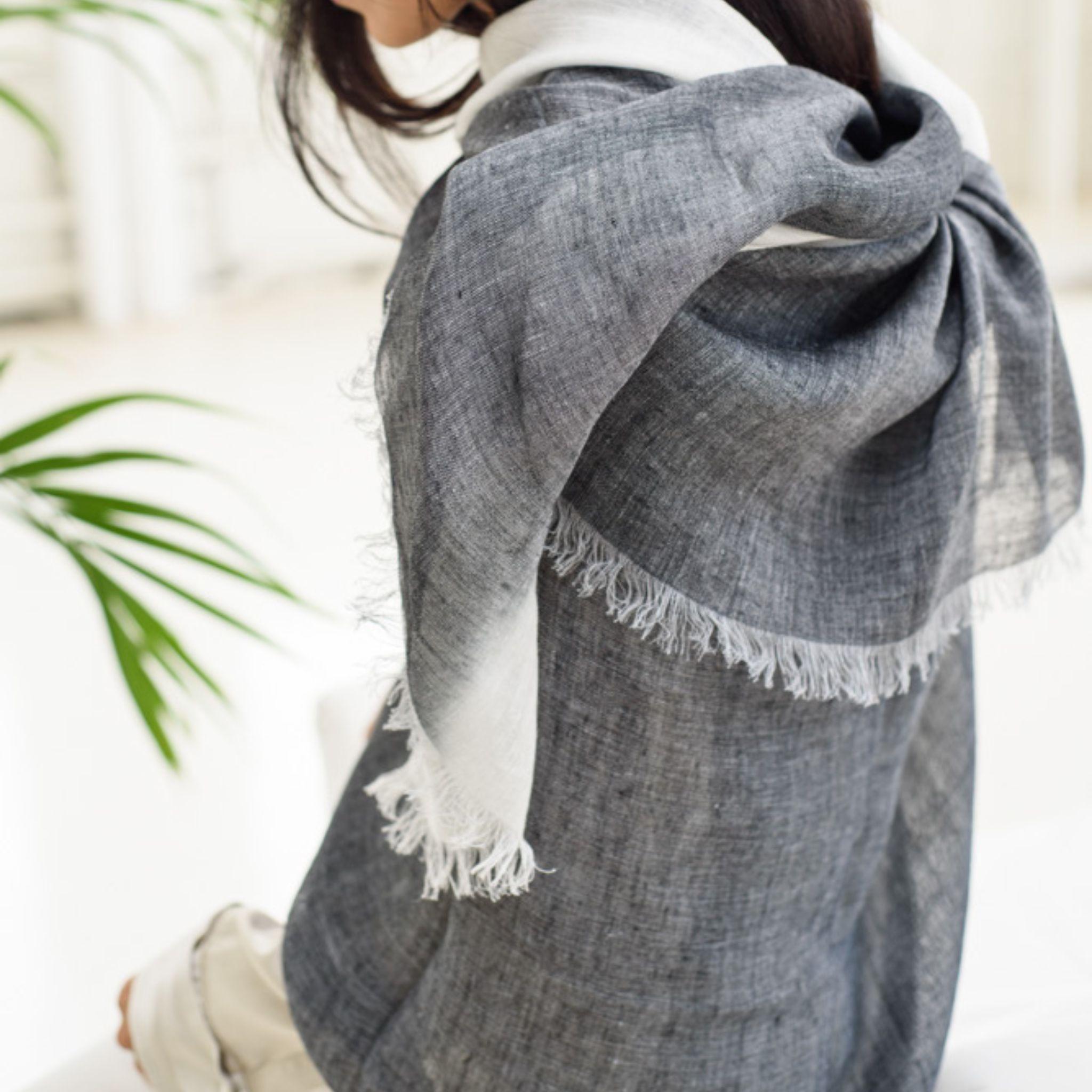 Granite Black White Ombre Soft Linen Silk Handloom Artisanal Scarf For Sale 6