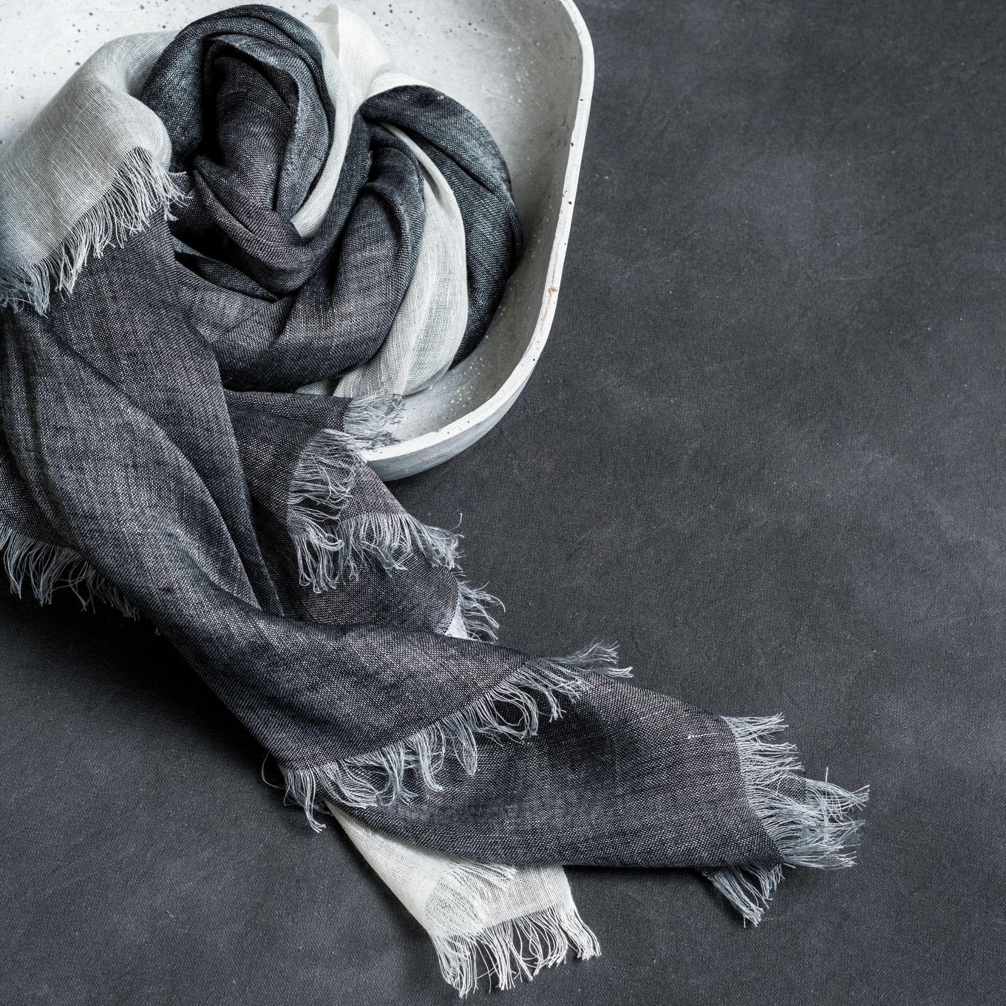 Granite Black White Ombre Soft Linen Silk Handloom Artisanal Scarf For Sale 2