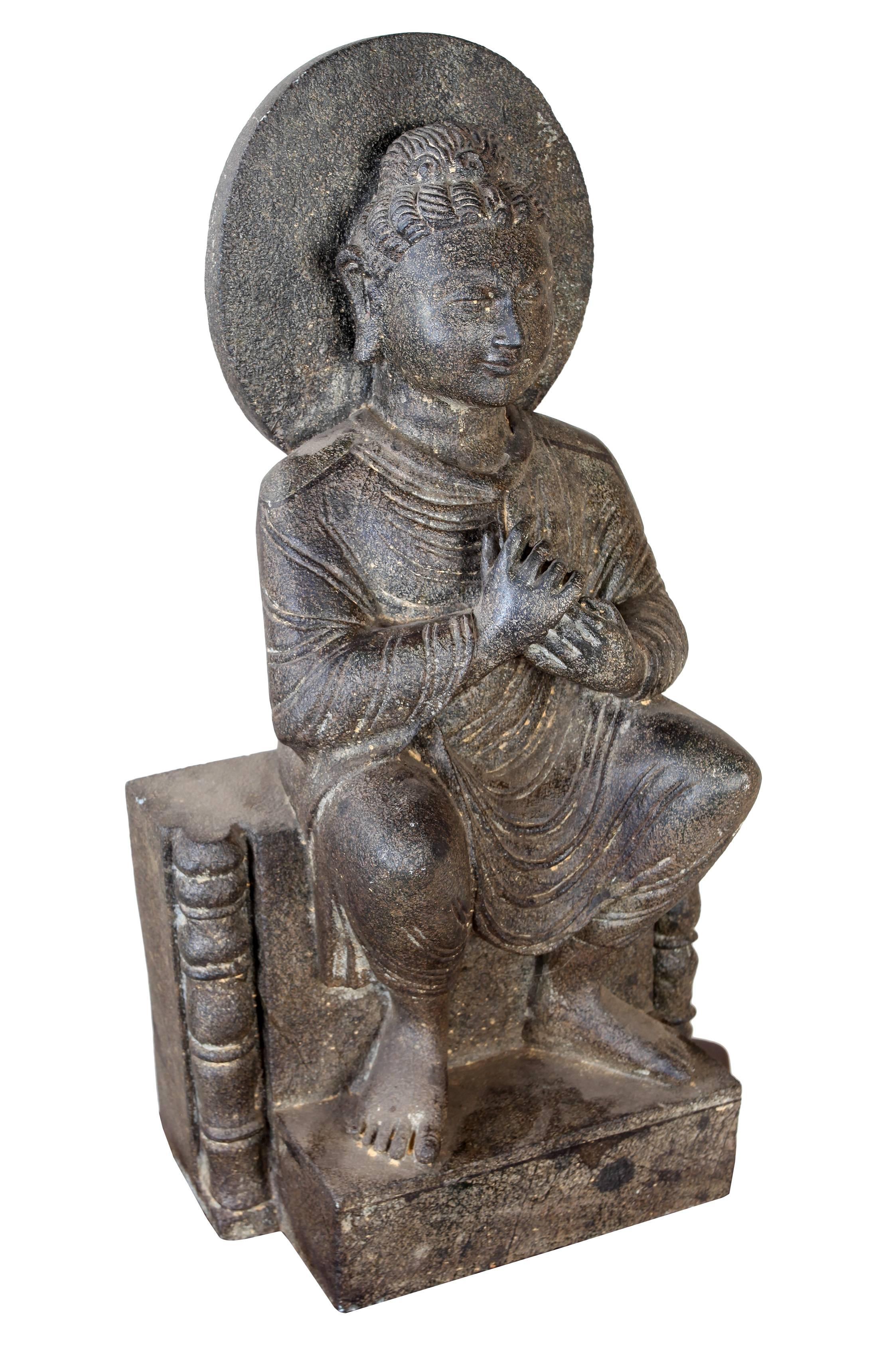 A rare find and becoming impossible to get, an early 1900s, full-body granite Buddha. The hand mudra here is Dharmachakra, Sanskirt for Wheel of Dharma; and one of the most important gestures in Buddha's life as it was used in his first sermon after