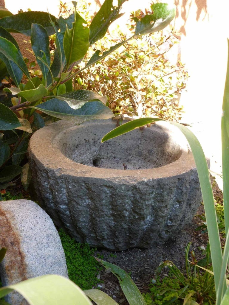 Granite Stone Water Basin with Heads as Handles Tsukubai Japanese