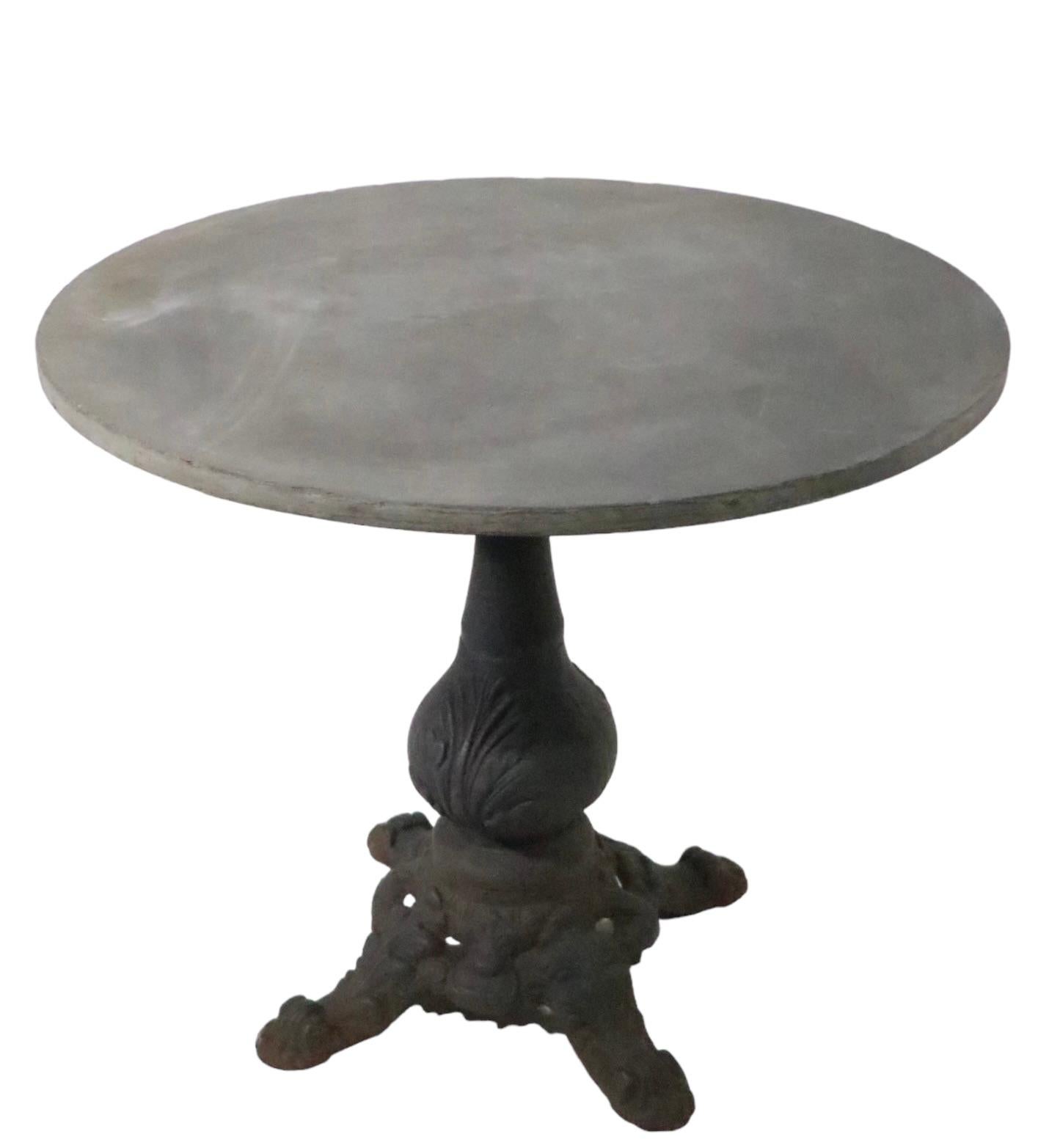 Victorian Granite Top Cast Iron Base French Style Cafe Bistro Garden Table c 1920 - 1950s For Sale
