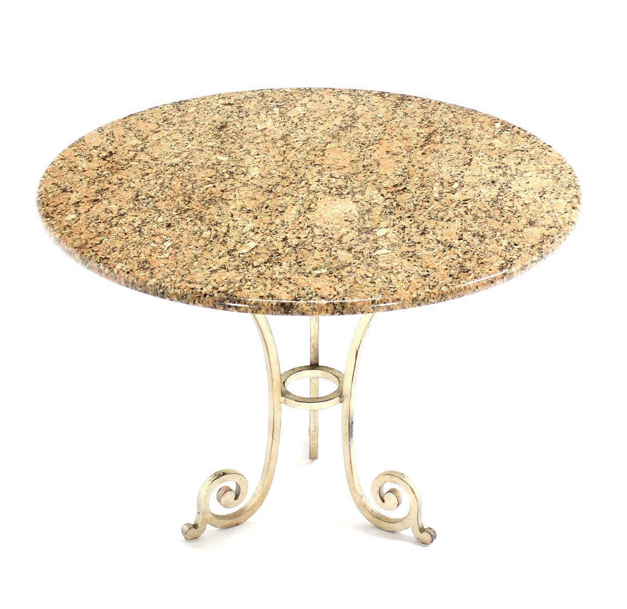 Mid-Century Modern Granite Top Heavy Silvered Wrought Iron Base Round Gueridon Cafe Center Table For Sale