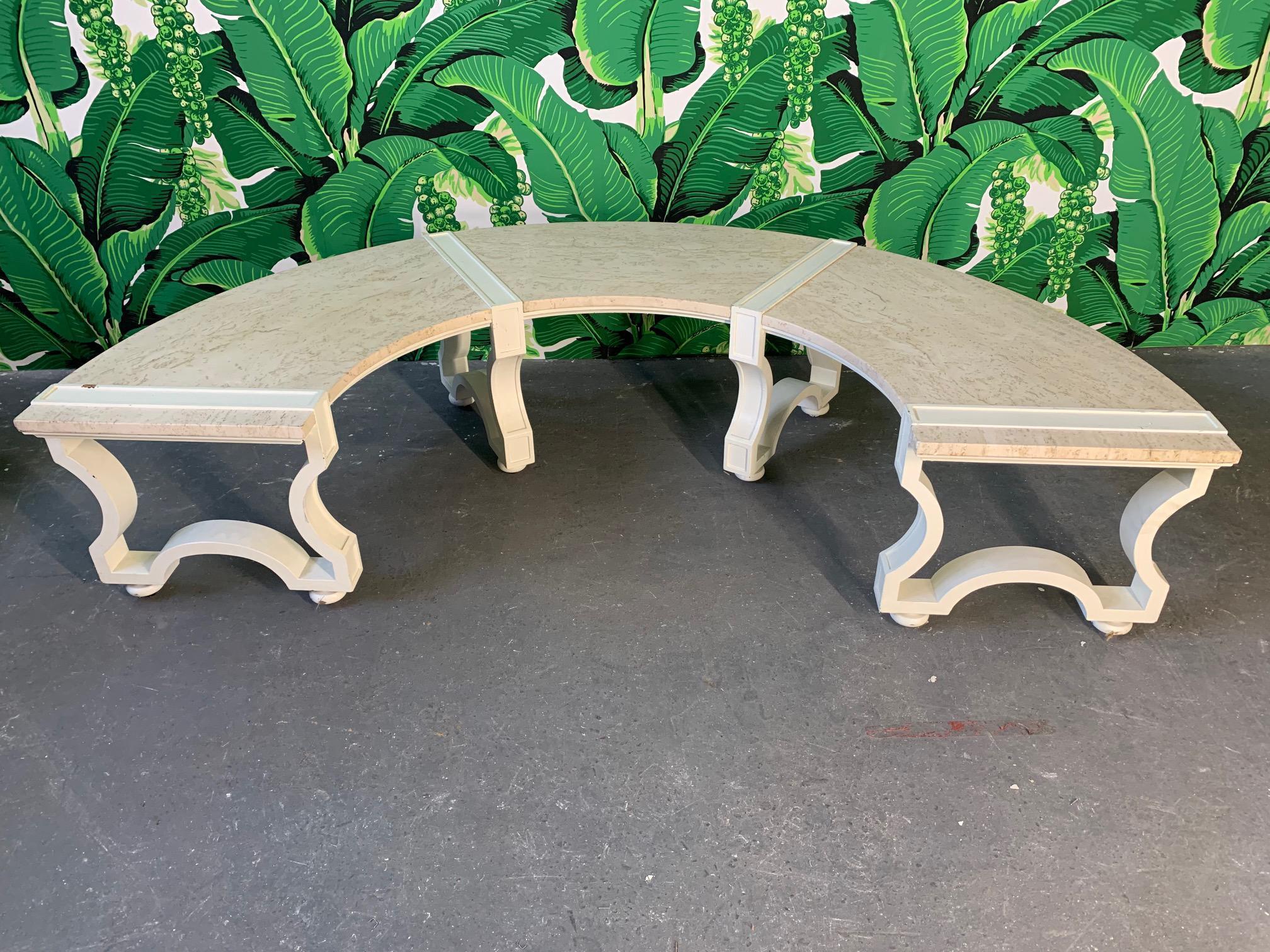 Unusual curved round bench seat with granite tops in stunning Dorothy Draper style. Perfect for your Hollywood Regency decor. Good vintage condition with imperfections consistent with age, including scuffs, marks or wear to finish.
For a shipping