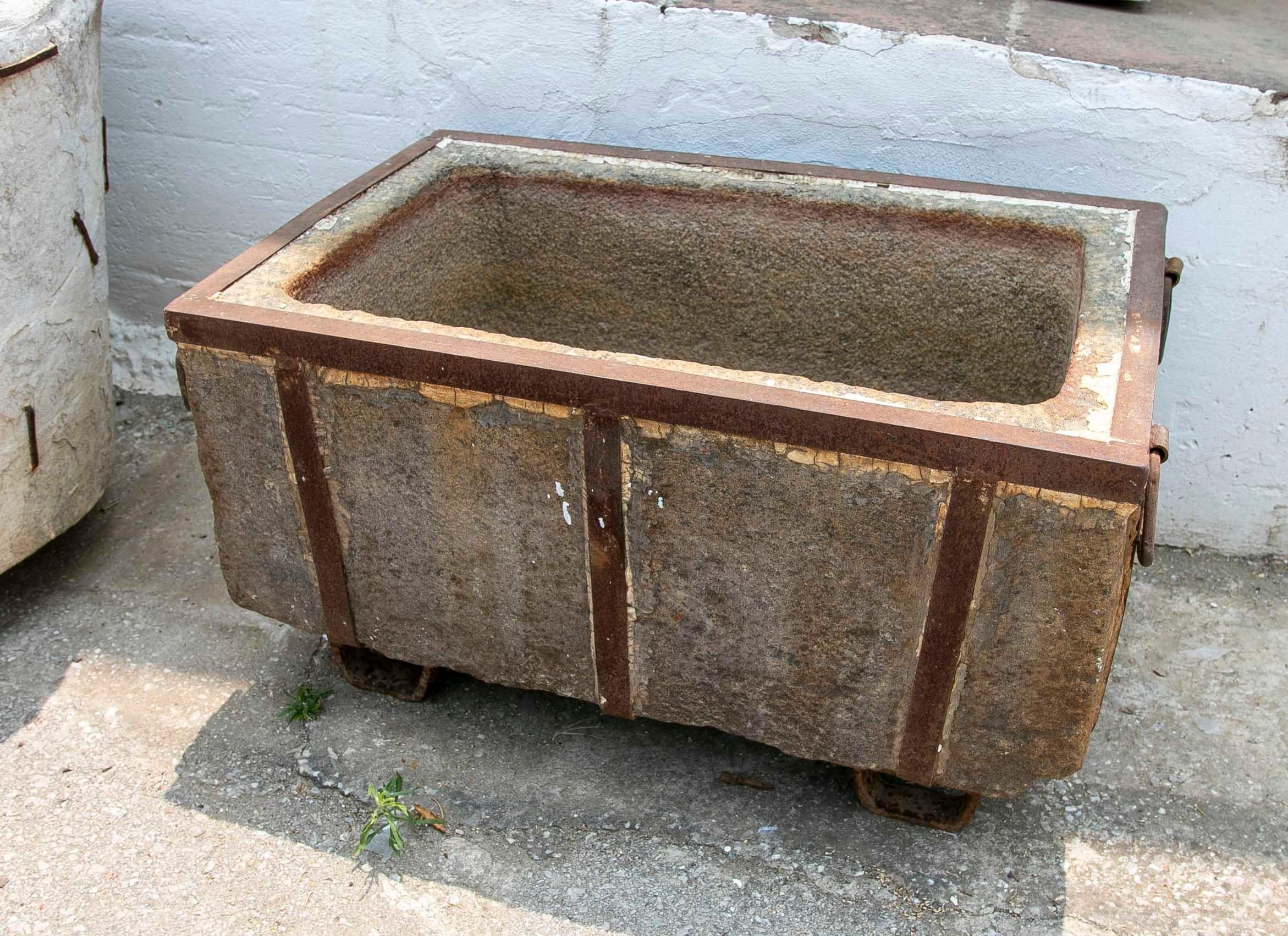 20th Century Granite Trough with Iron Protection Structure with Handles and Legs For Sale