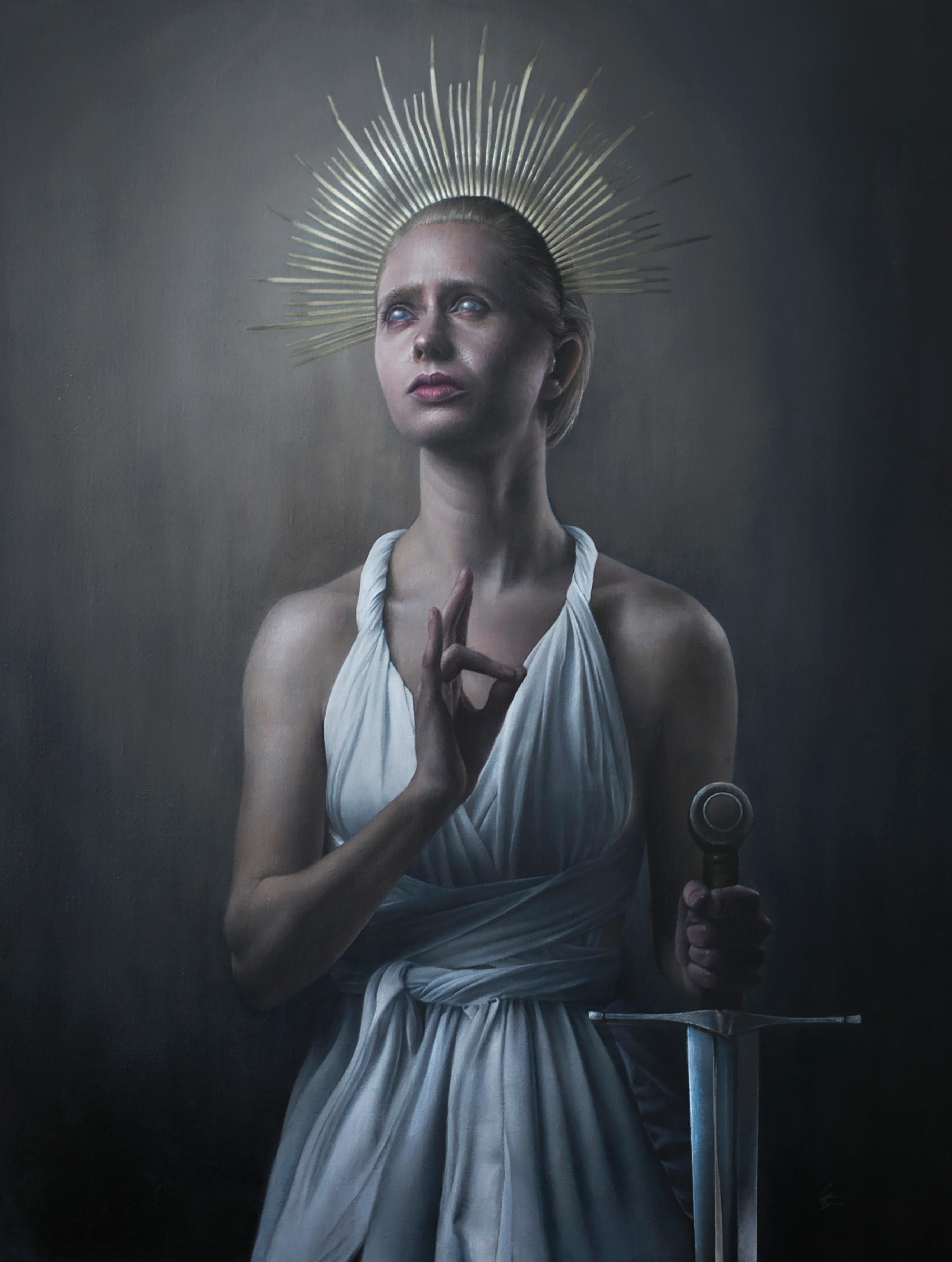 Grant Gilsdorf Portrait Painting - "Justitia Attempts Prayer, " Oil Painting